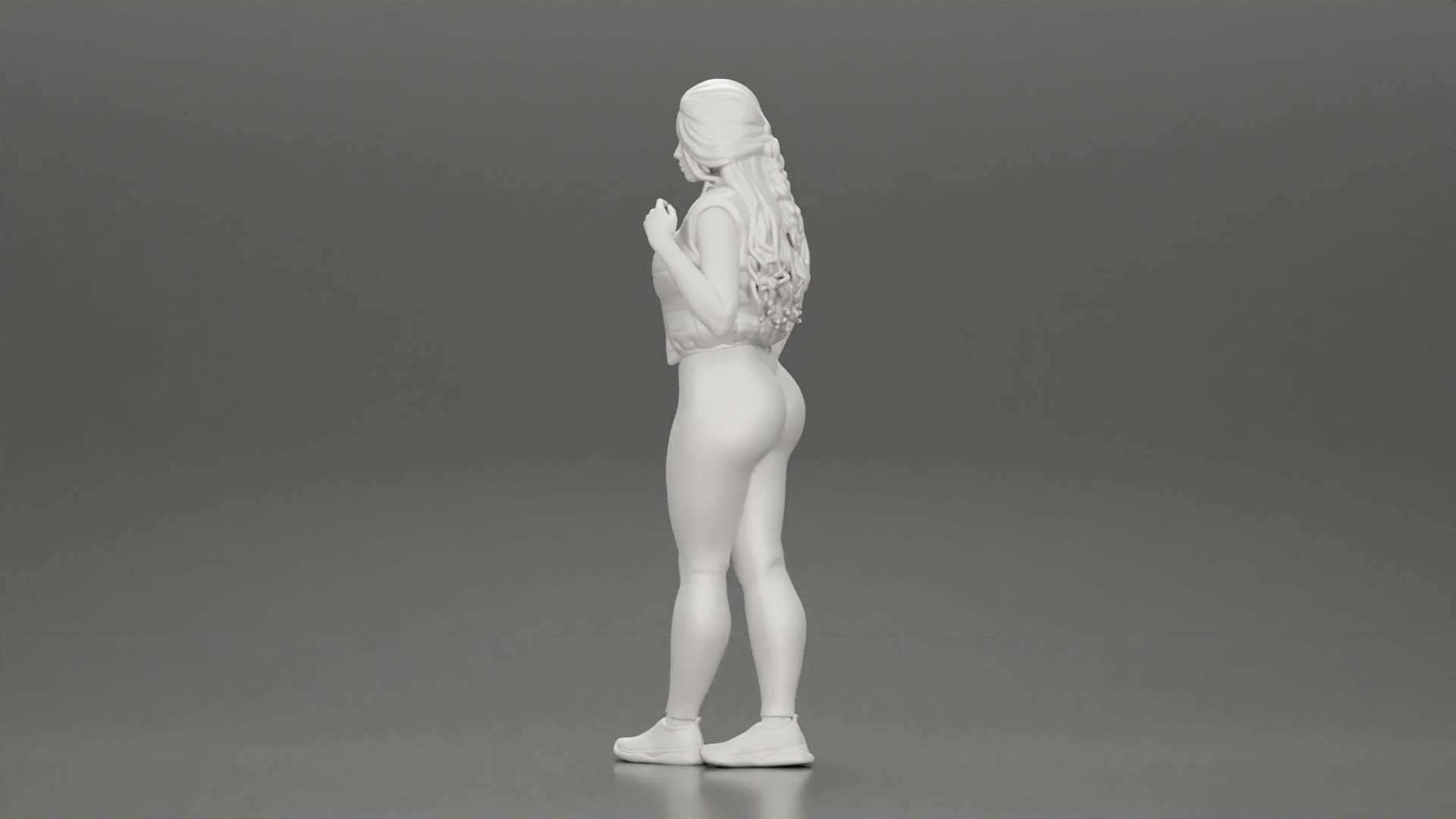 Beautiful woman with long hair in a bodysuit with an open vest 3D print model_11