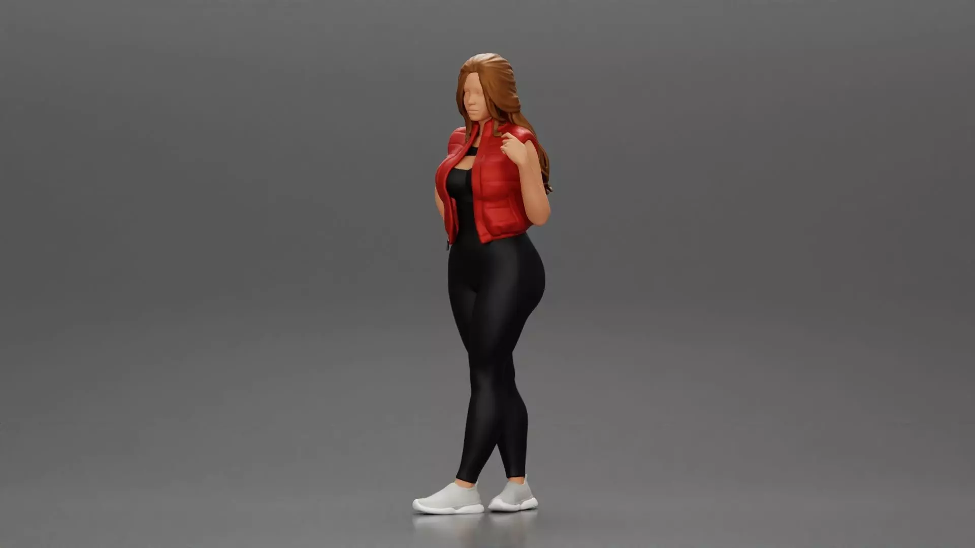 Beautiful woman with long hair in a bodysuit with an open vest 3D print model_0