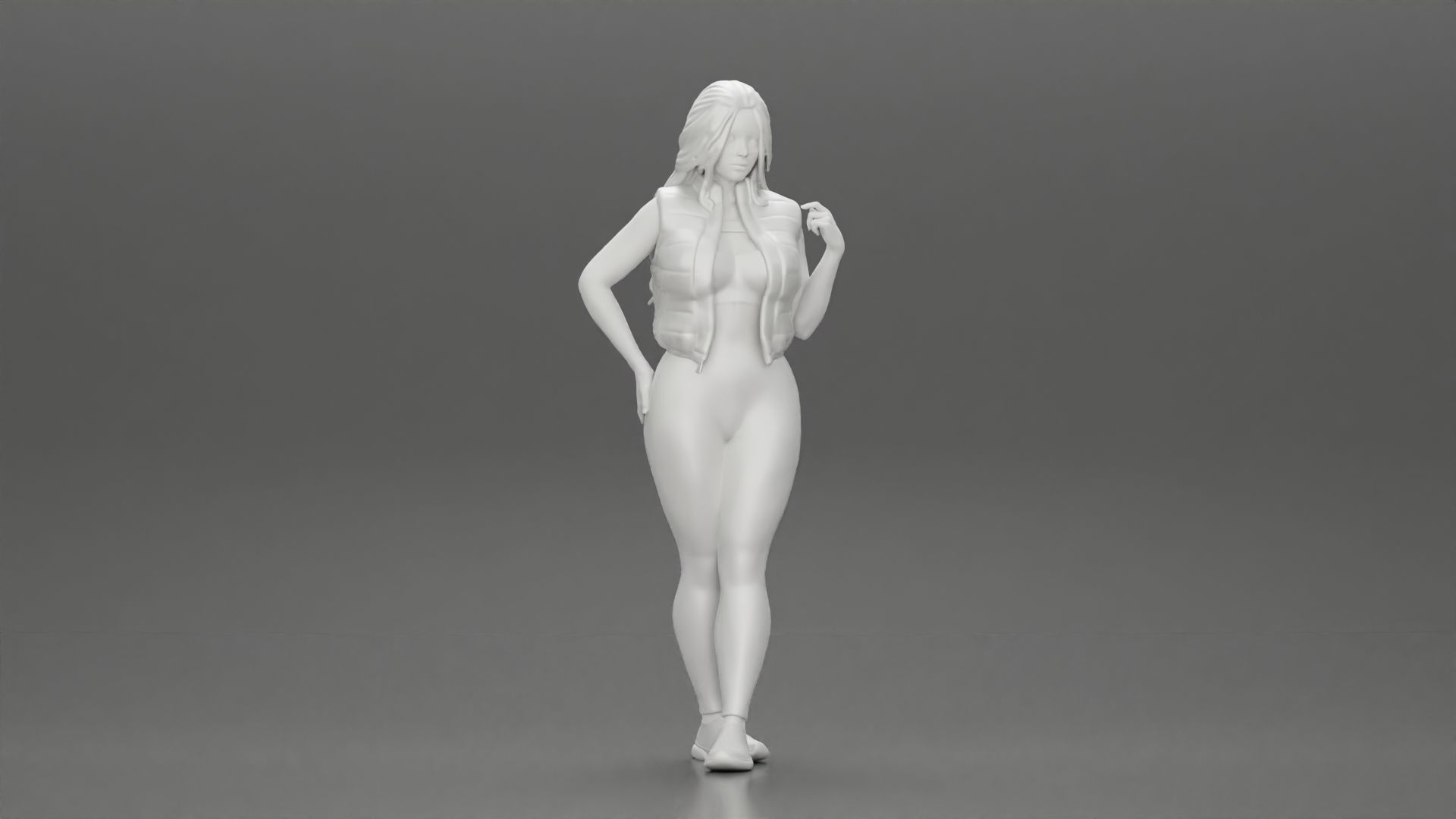 Beautiful woman with long hair in a bodysuit with an open vest 3D print model_7