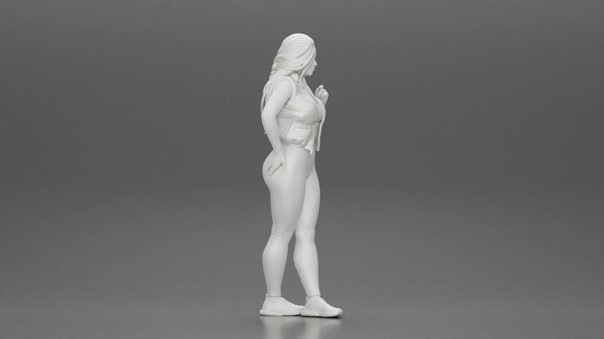 Beautiful woman with long hair in a bodysuit with an open vest 3D print model_8
