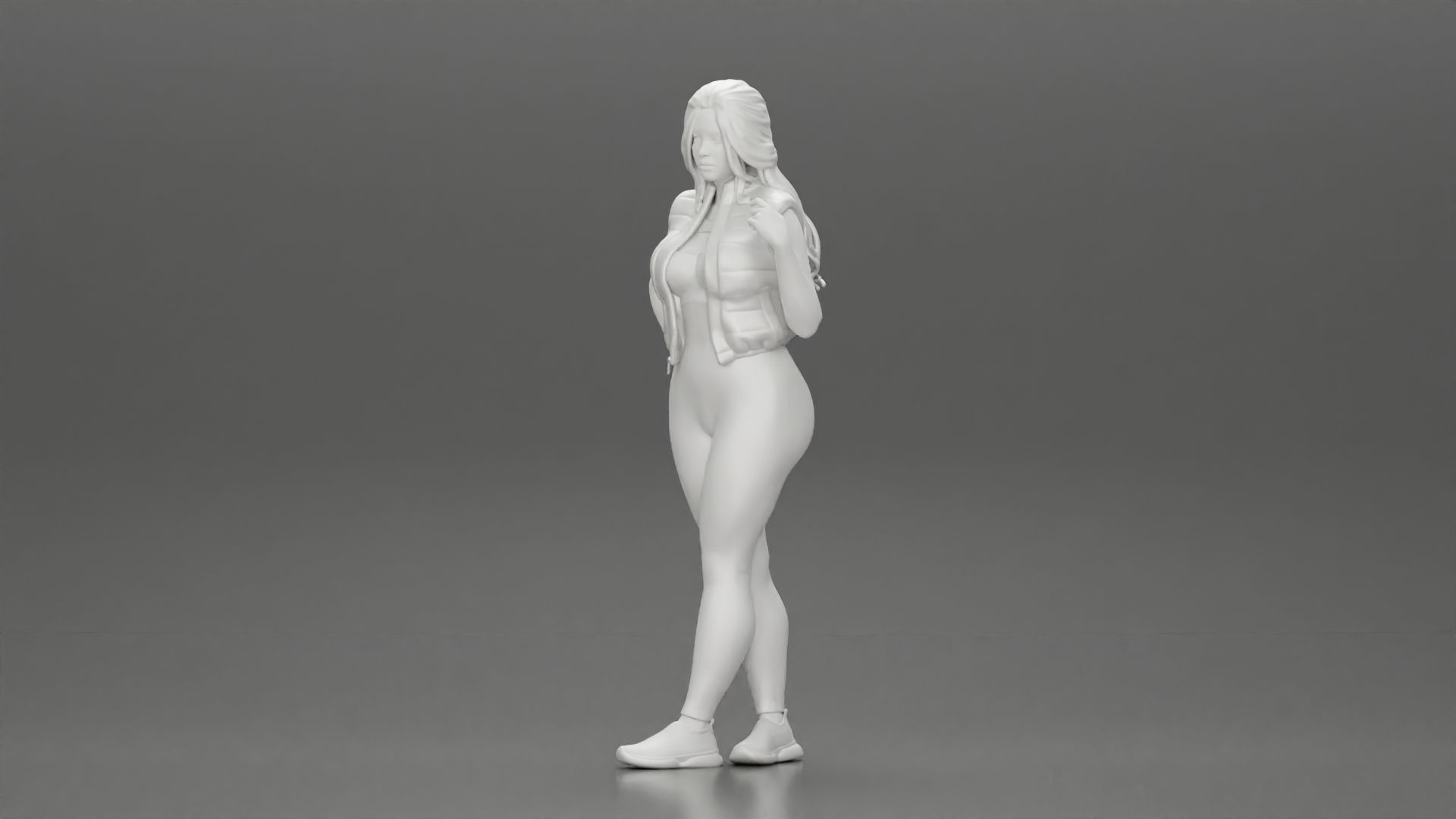 Beautiful woman with long hair in a bodysuit with an open vest 3D print model_6