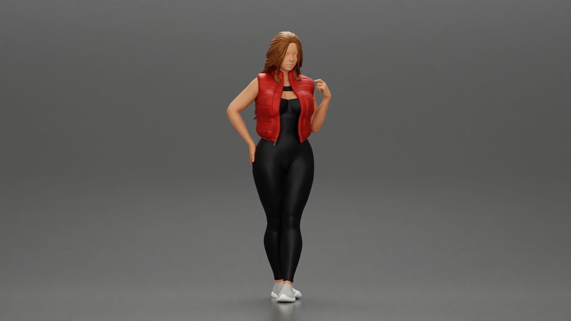 Beautiful woman with long hair in a bodysuit with an open vest 3D print model_1