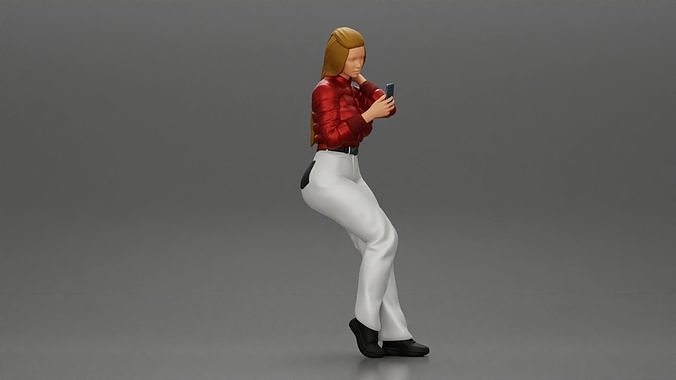 beautiful woman in a leather jacket sitting using a phone 3D print model