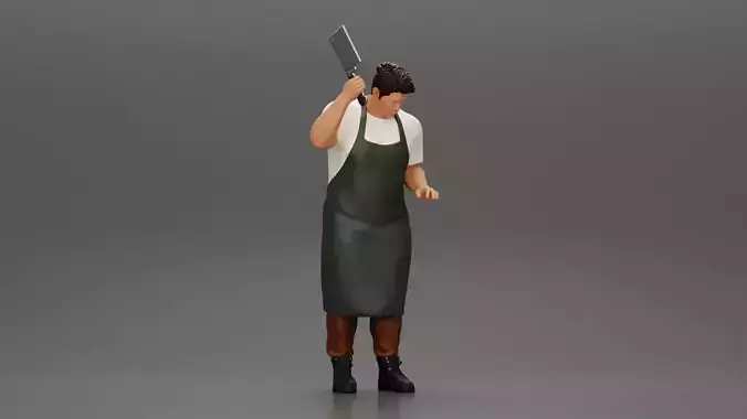 butcher standing while holding a cleaver and cutting something