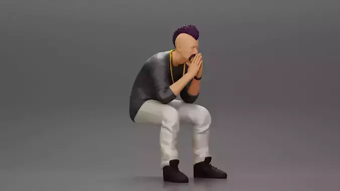 metal man sitting and contemplating with a satanic haircut