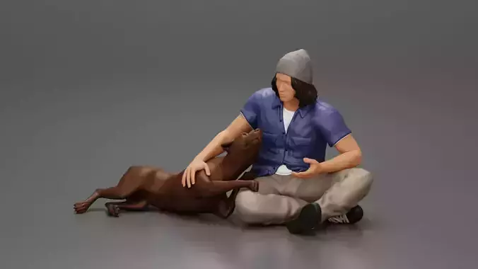 Man in a bonnet sitting crossing his legs and hugging a dog 3D print model