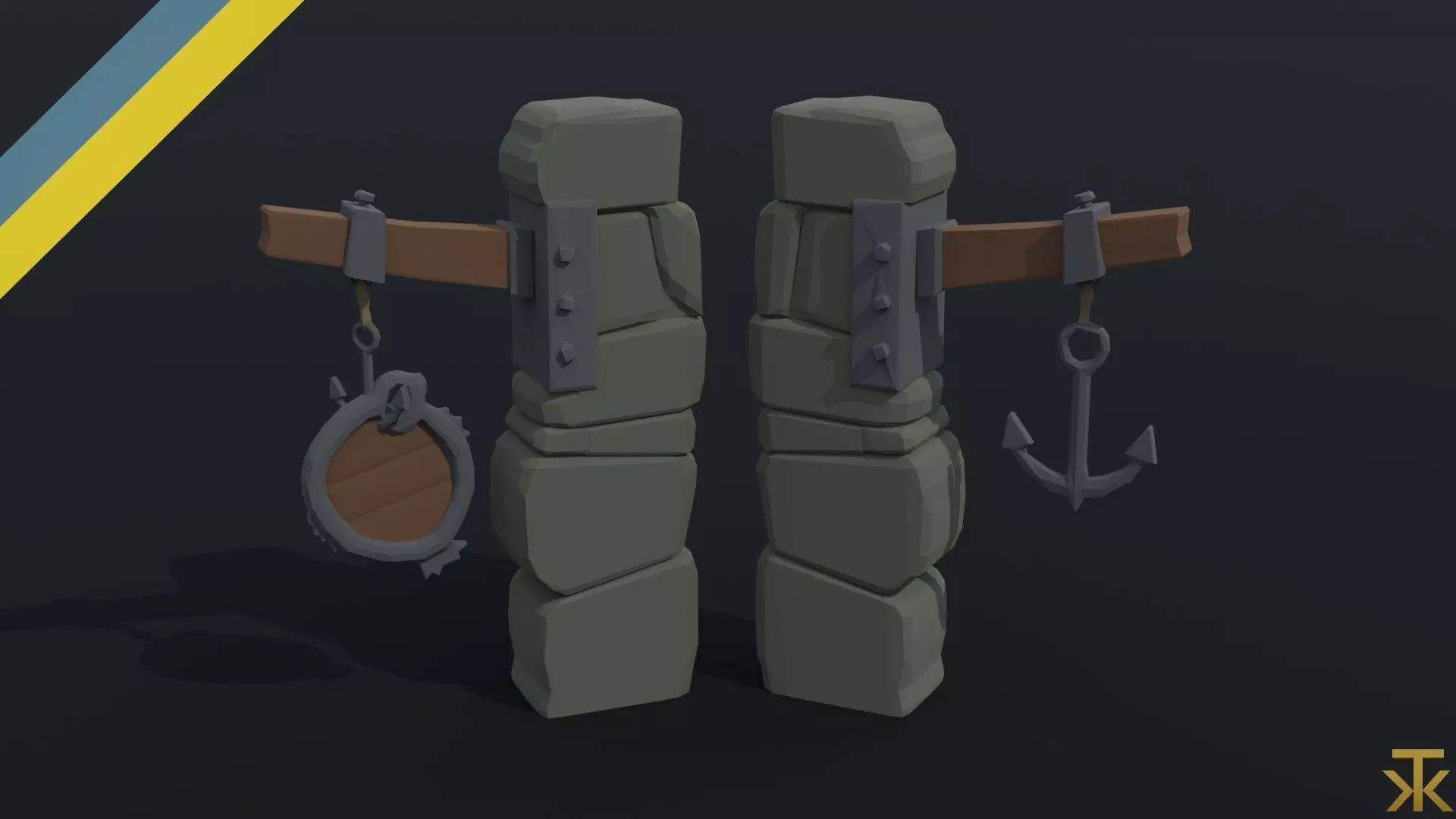 Cartoon fantasy port road sign Polygonal Style Low-poly 3D model_0