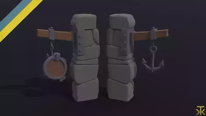 Cartoon fantasy port road sign Polygonal Style