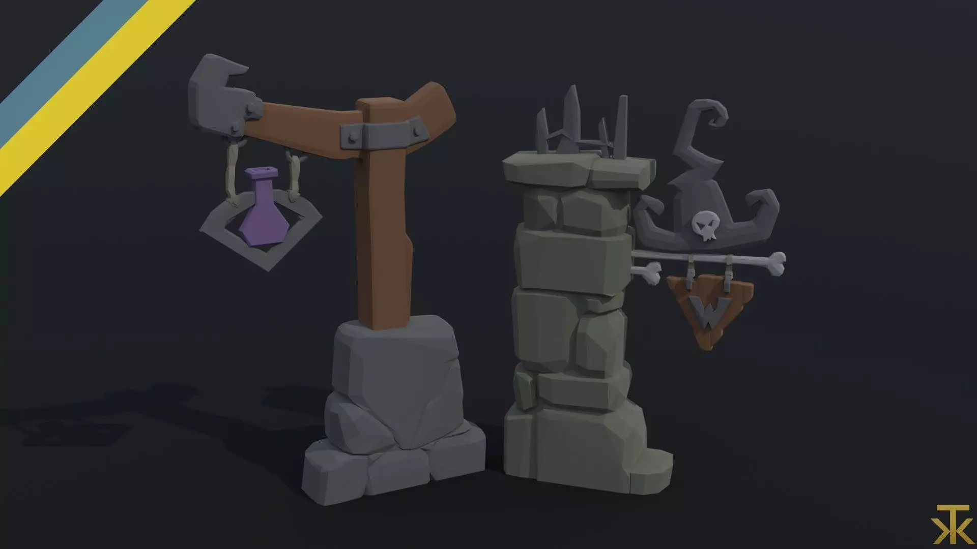 Cartoon fantasy witch road sign Polygonal Style Low-poly 3D model_0