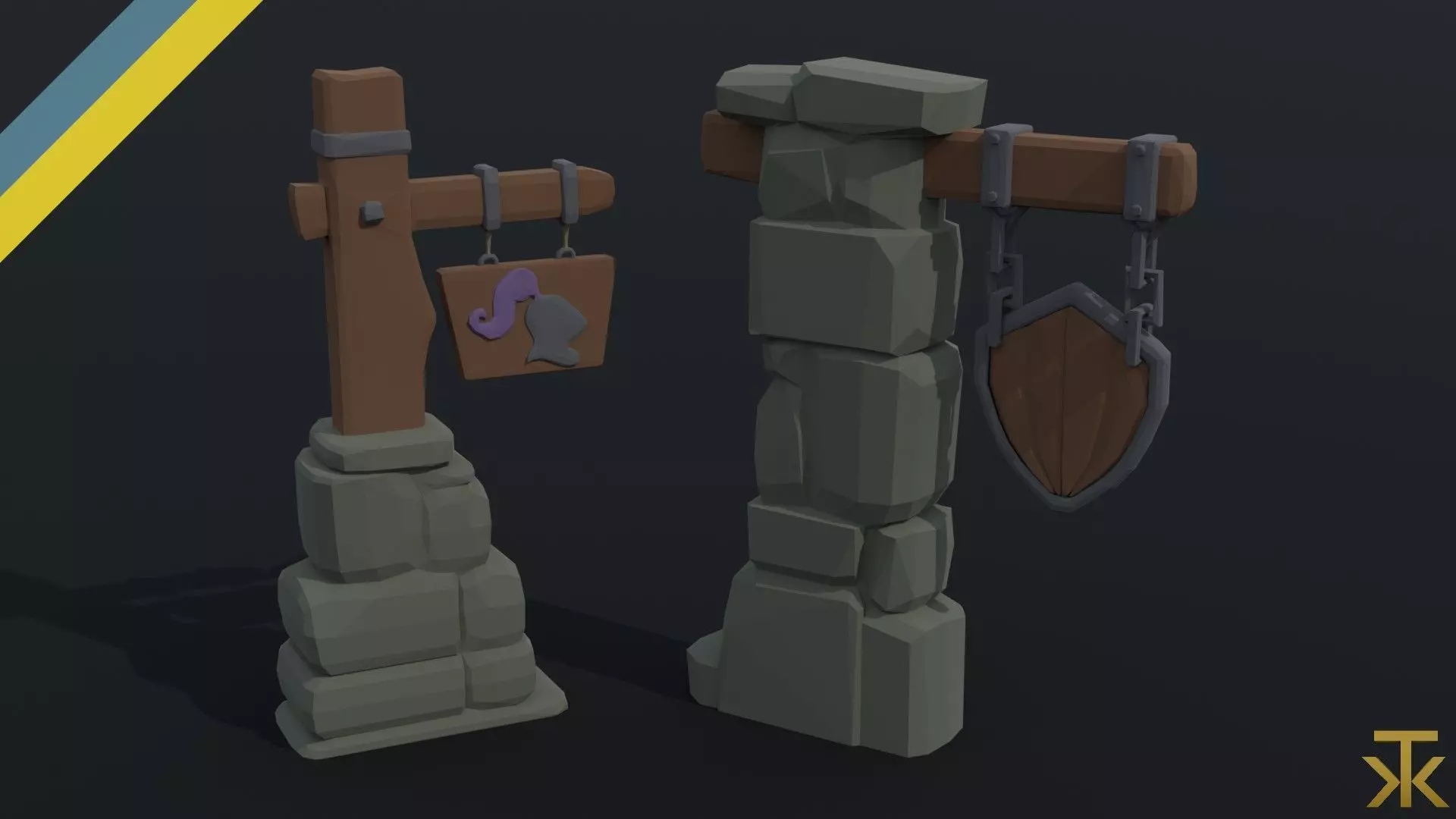 Cartoon fantasy armory road sign Polygonal Style Low-poly 3D model_0