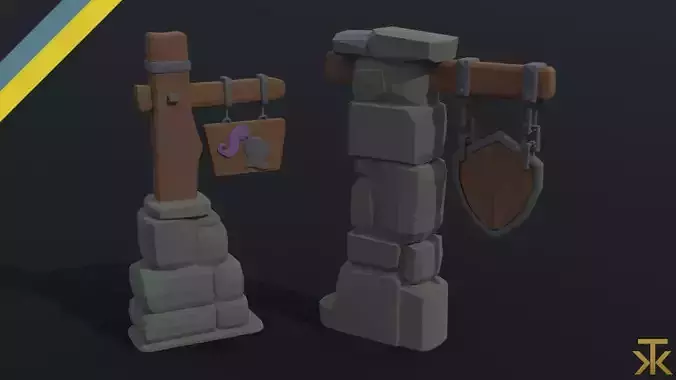 Cartoon fantasy armory road sign Polygonal Style