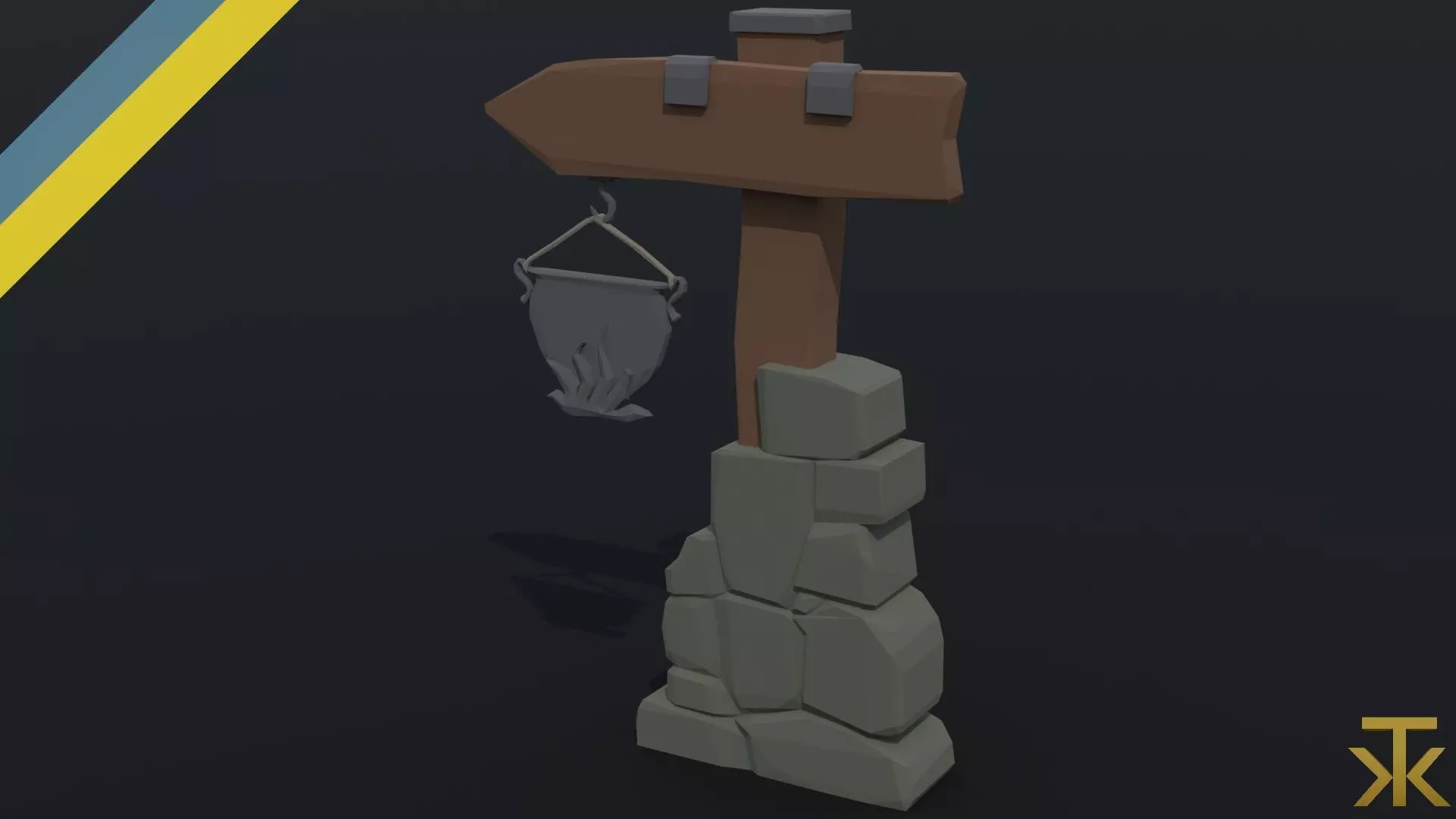 Cartoon fantasy tavern road sign Polygonal Style Low-poly 3D model_0