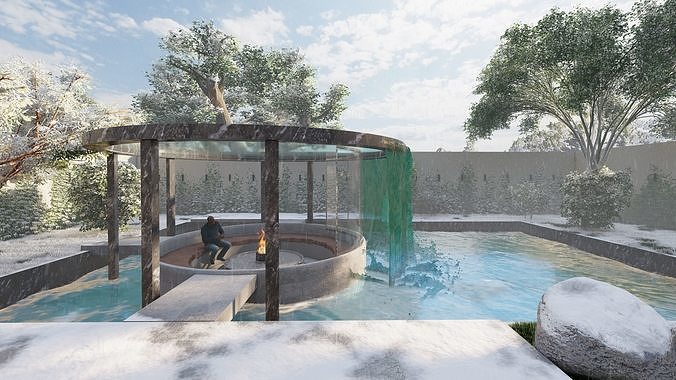 Modern backyard with pool and rest area Free 3D model