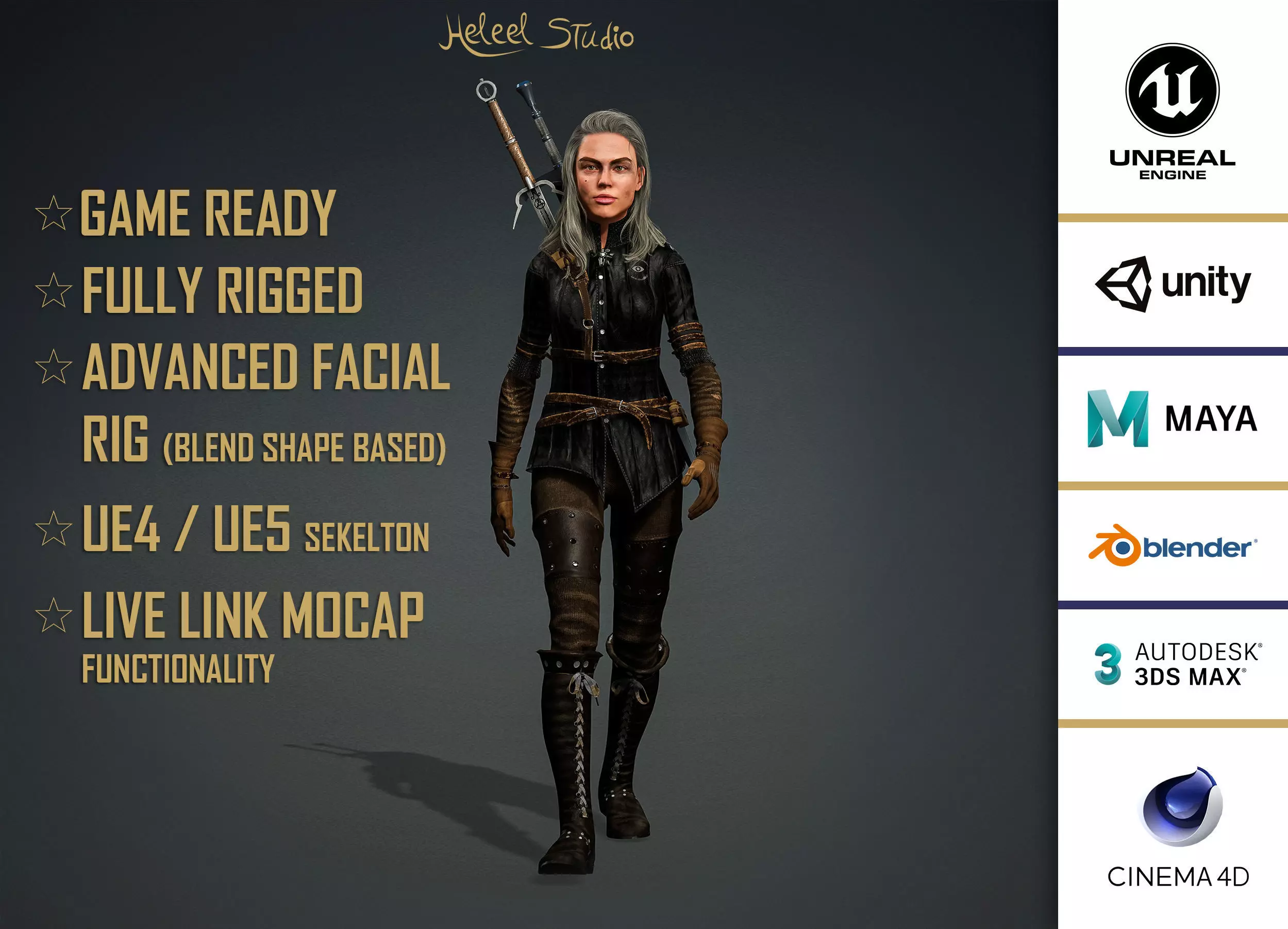 High Quality Realistic Female Warrior Witcher Low-poly 3D model