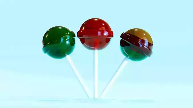Lollipop 3D Model three different colored lollipops on stick