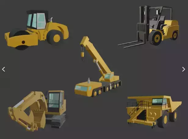 Low poly 3D model heavy construction equipment 5 piece set