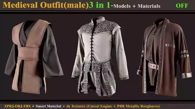3 in 1 Medieval Outfit-MD-Clo3d -OBJ - FBX -Material - Textures