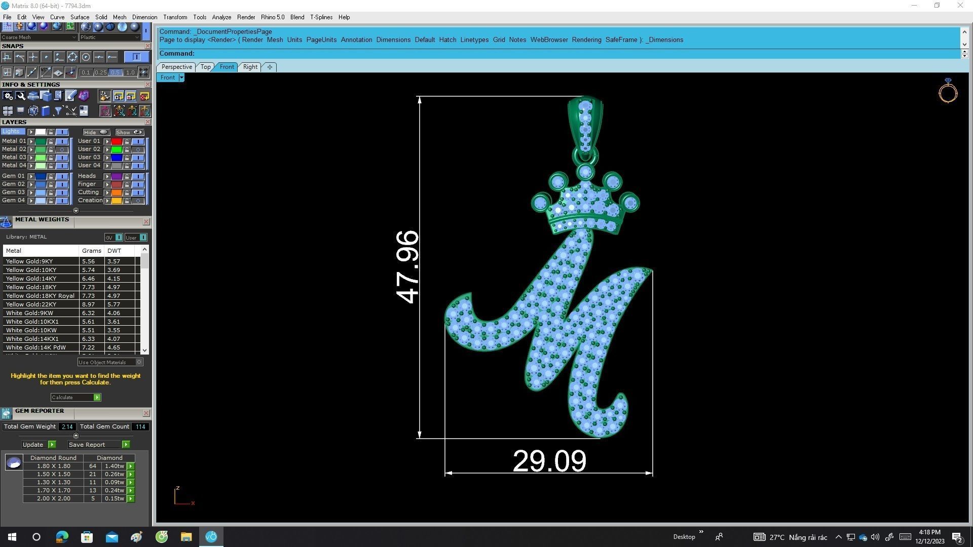 A7794 Diamond Crown M Letter Pendant 3D print model_6