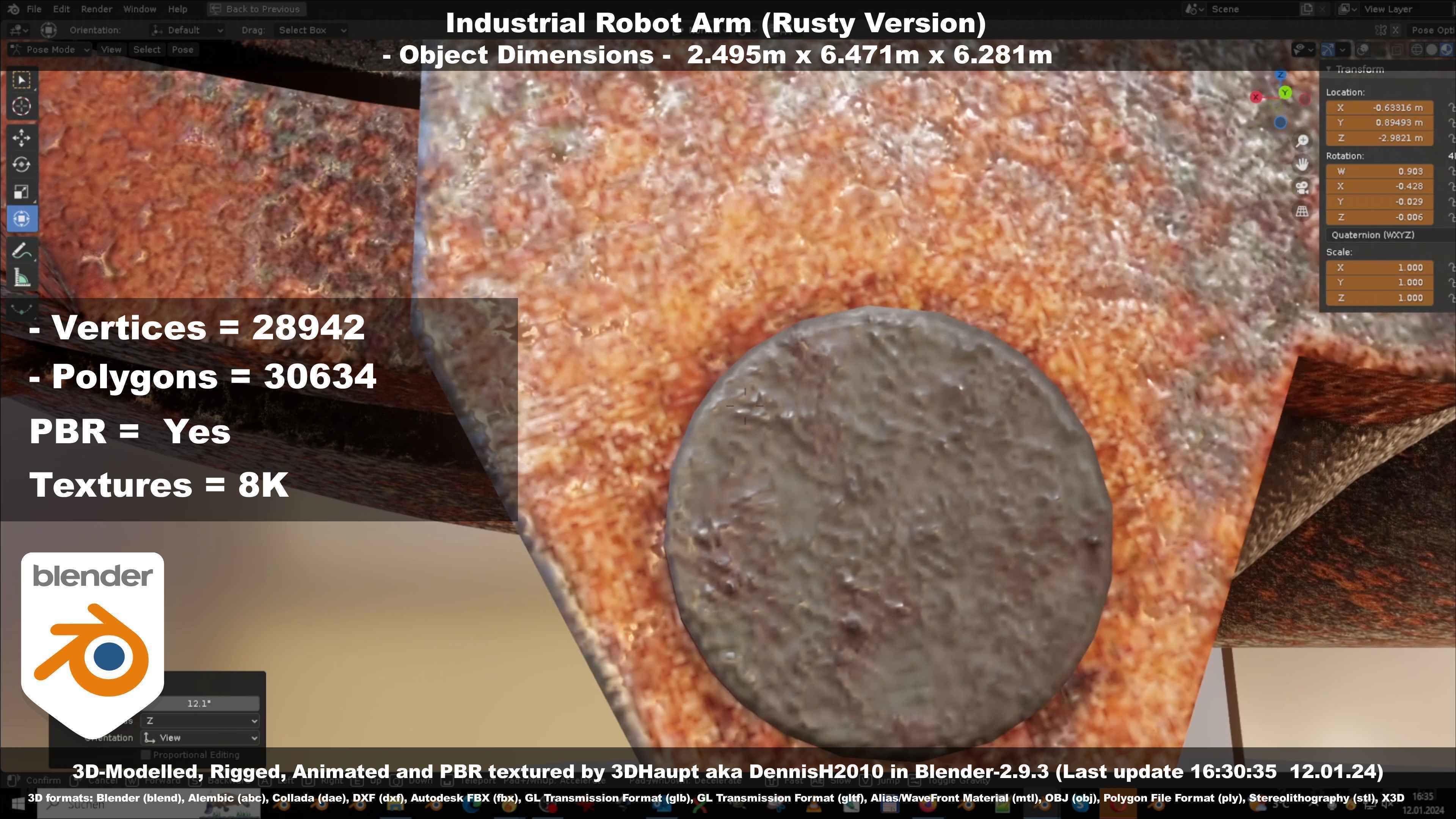 Rigged Industrial Robot Arm Rusty Version Low-poly 3D model_97