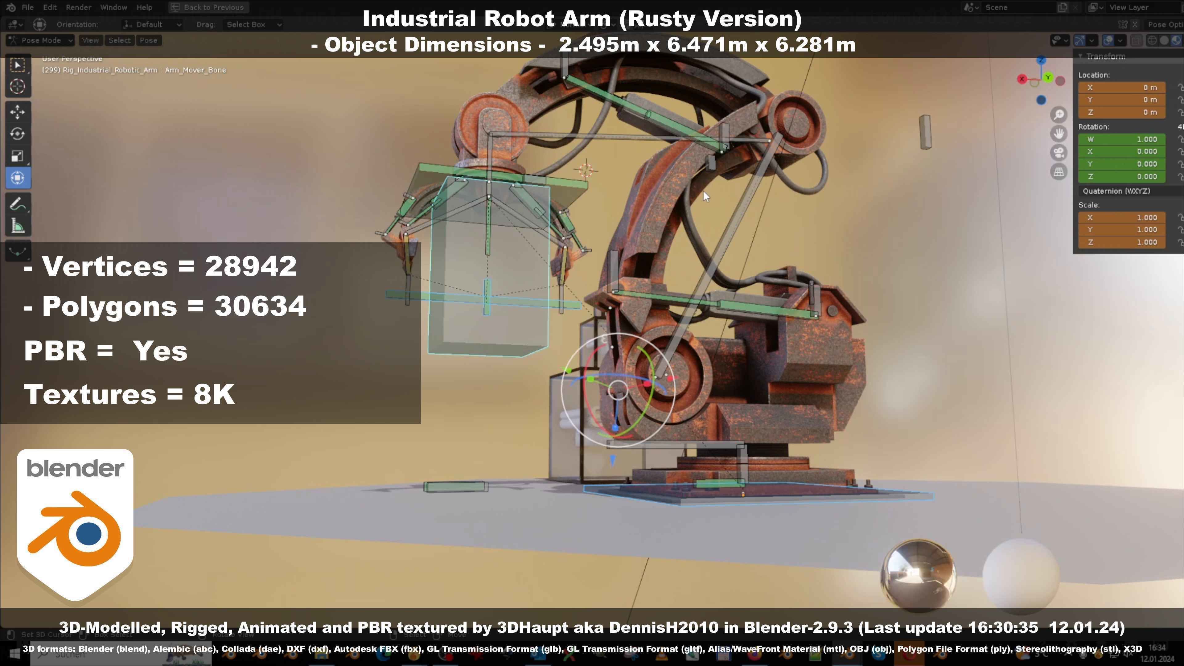 Rigged Industrial Robot Arm Rusty Version Low-poly 3D model_78