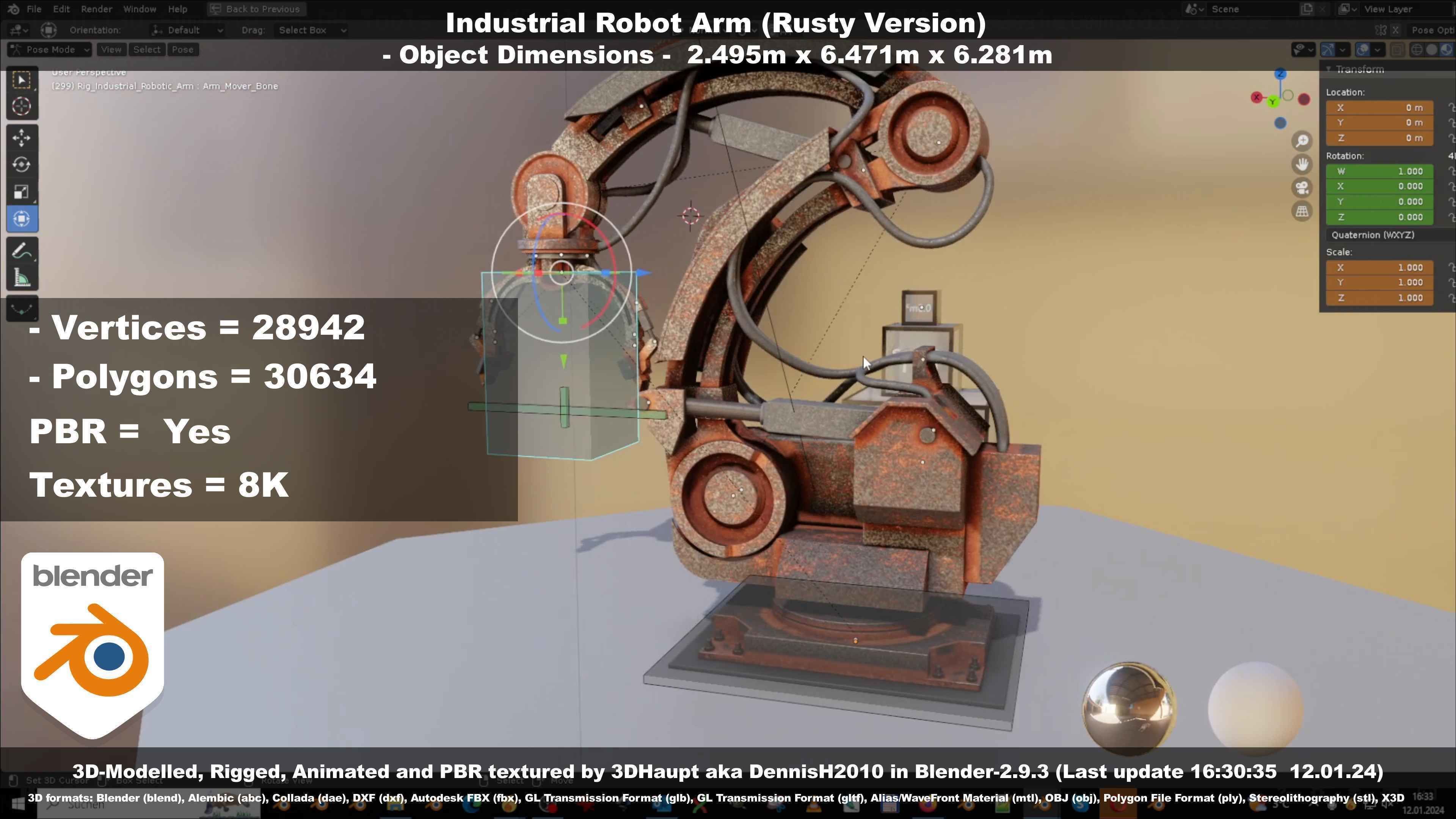 Rigged Industrial Robot Arm Rusty Version Low-poly 3D model_74
