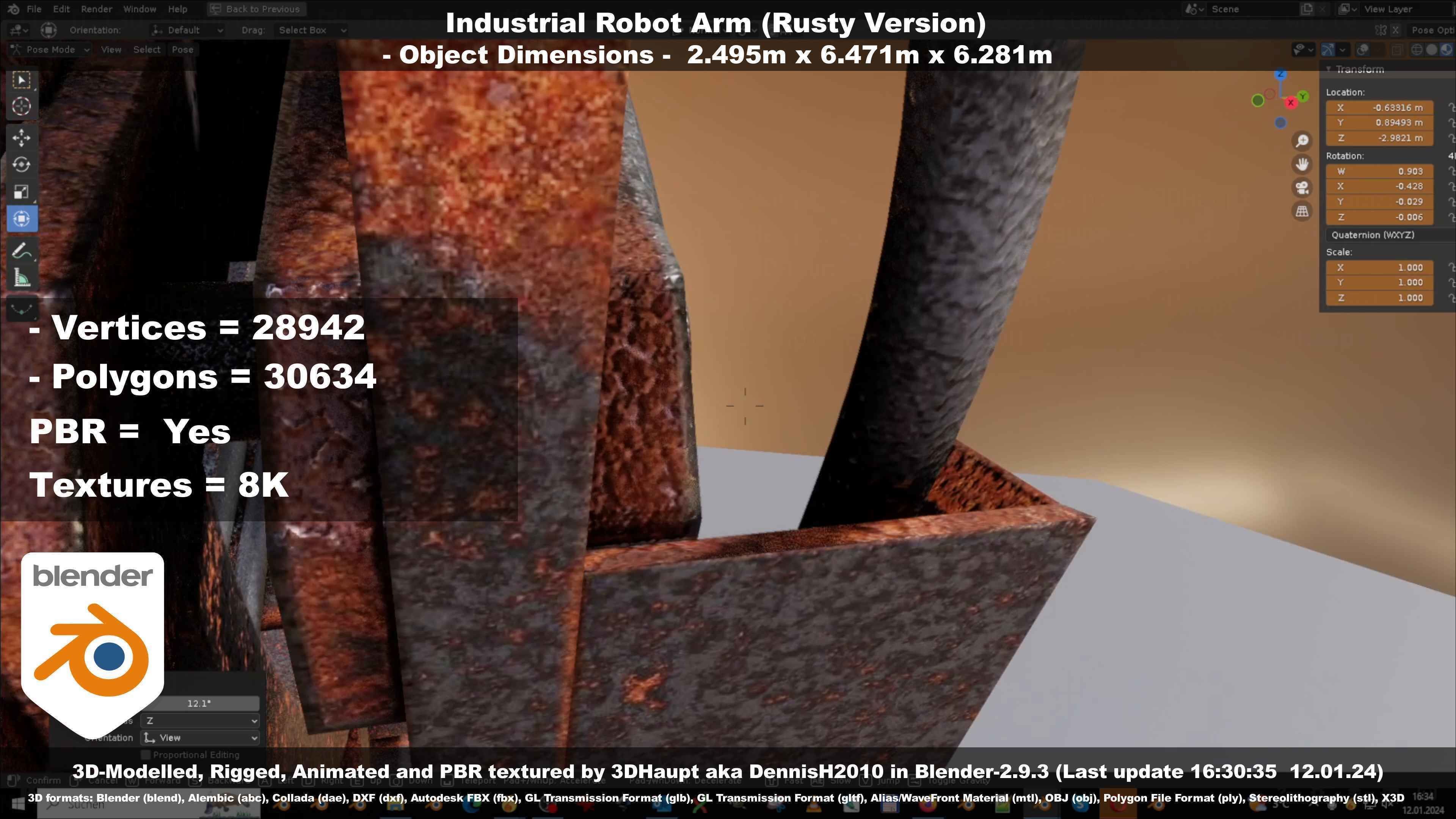 Rigged Industrial Robot Arm Rusty Version Low-poly 3D model_93
