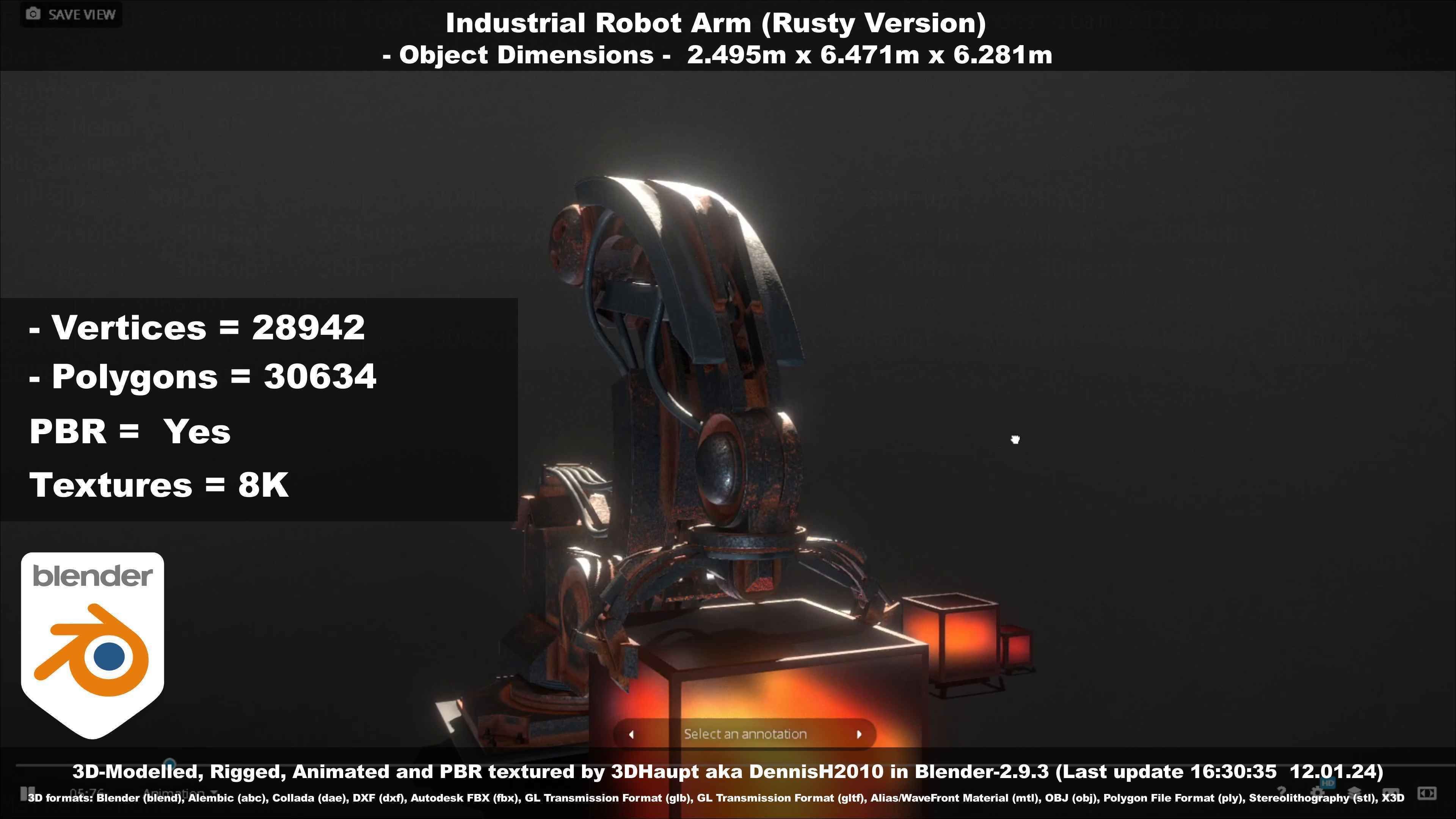 Rigged Industrial Robot Arm Rusty Version Low-poly 3D model_55