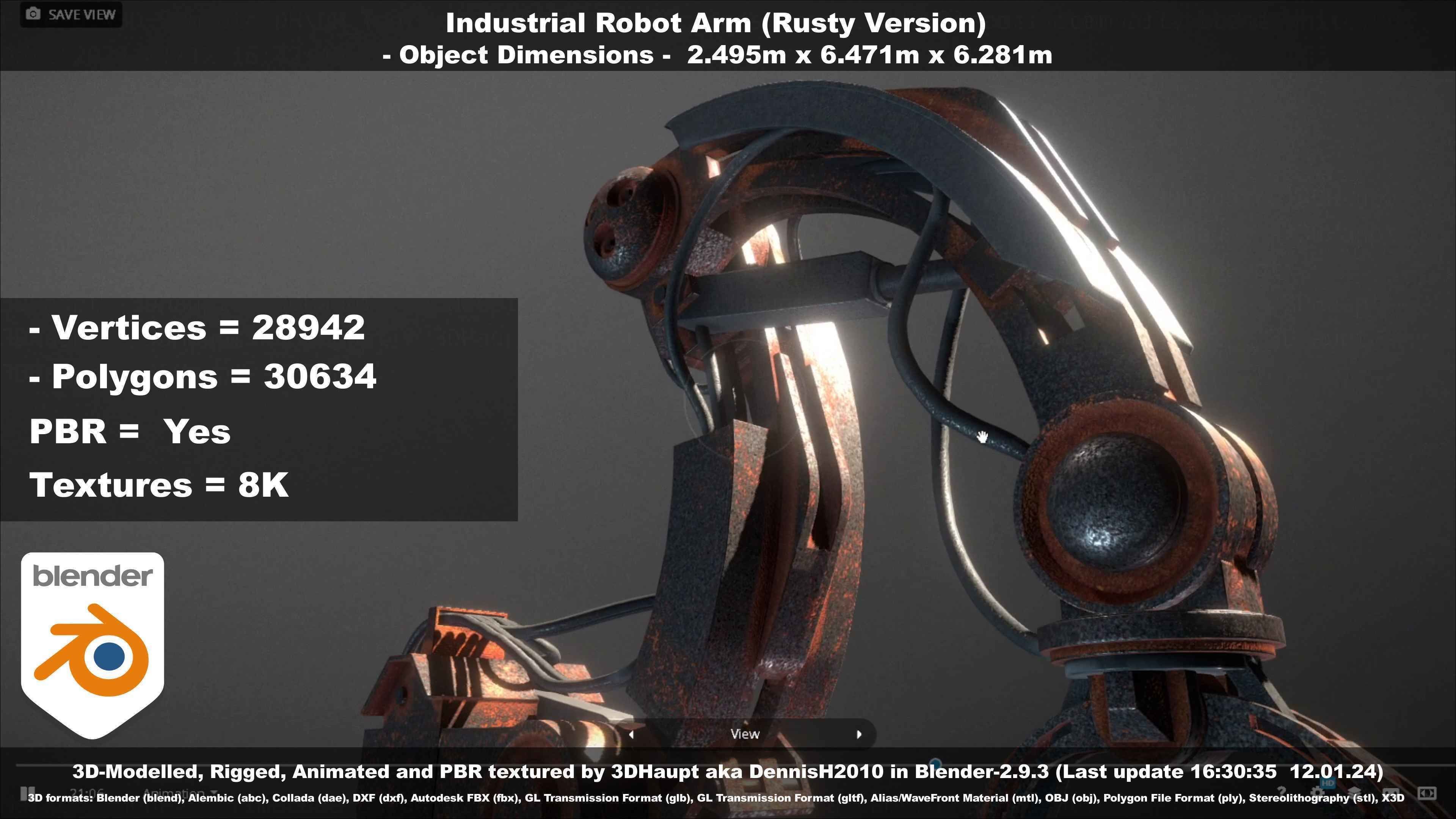Rigged Industrial Robot Arm Rusty Version Low-poly 3D model_32