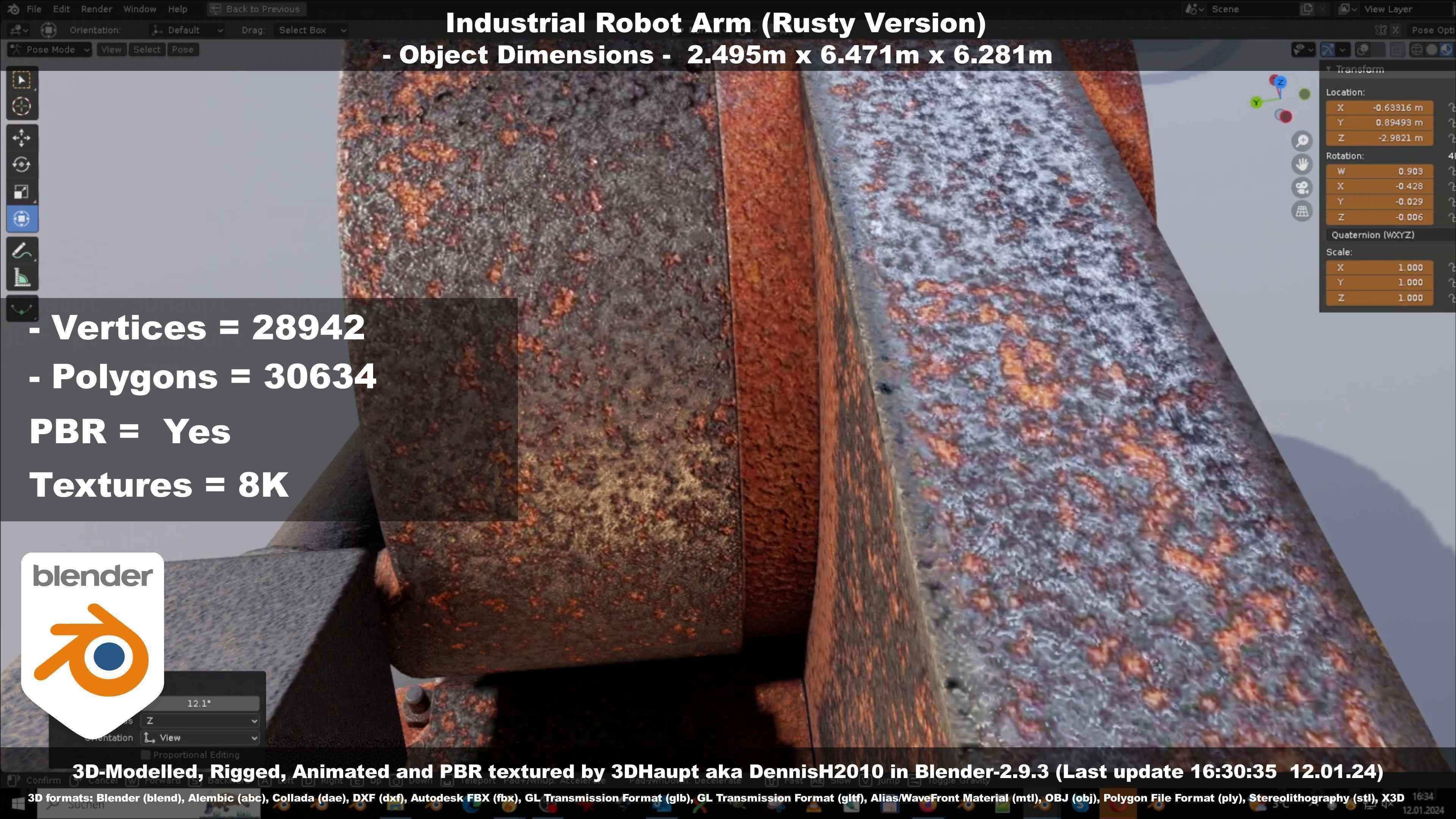 Rigged Industrial Robot Arm Rusty Version Low-poly 3D model_95