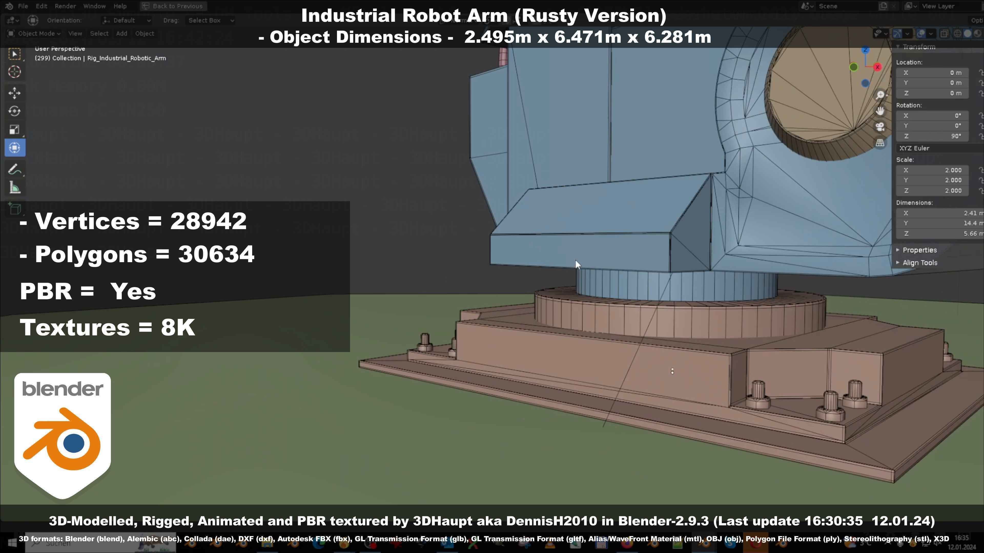 Rigged Industrial Robot Arm Rusty Version Low-poly 3D model_109