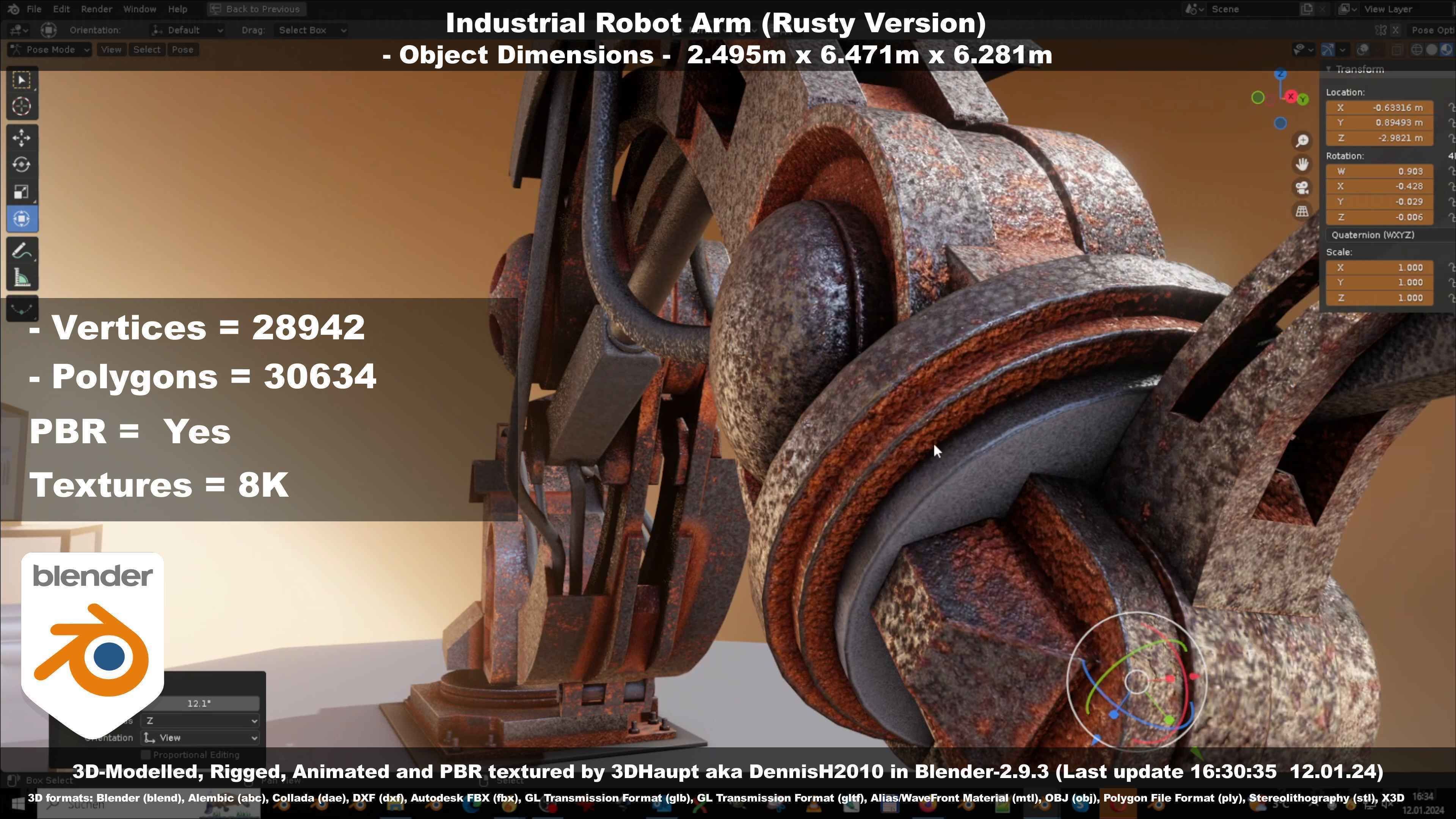 Rigged Industrial Robot Arm Rusty Version Low-poly 3D model_90