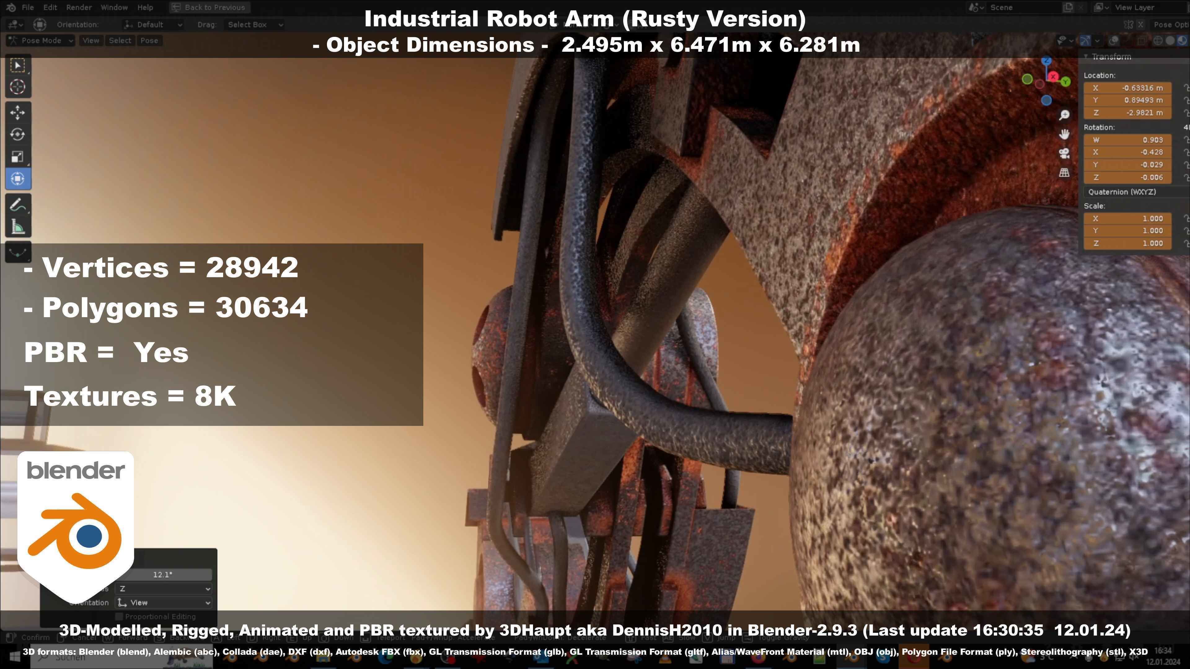 Rigged Industrial Robot Arm Rusty Version Low-poly 3D model_91