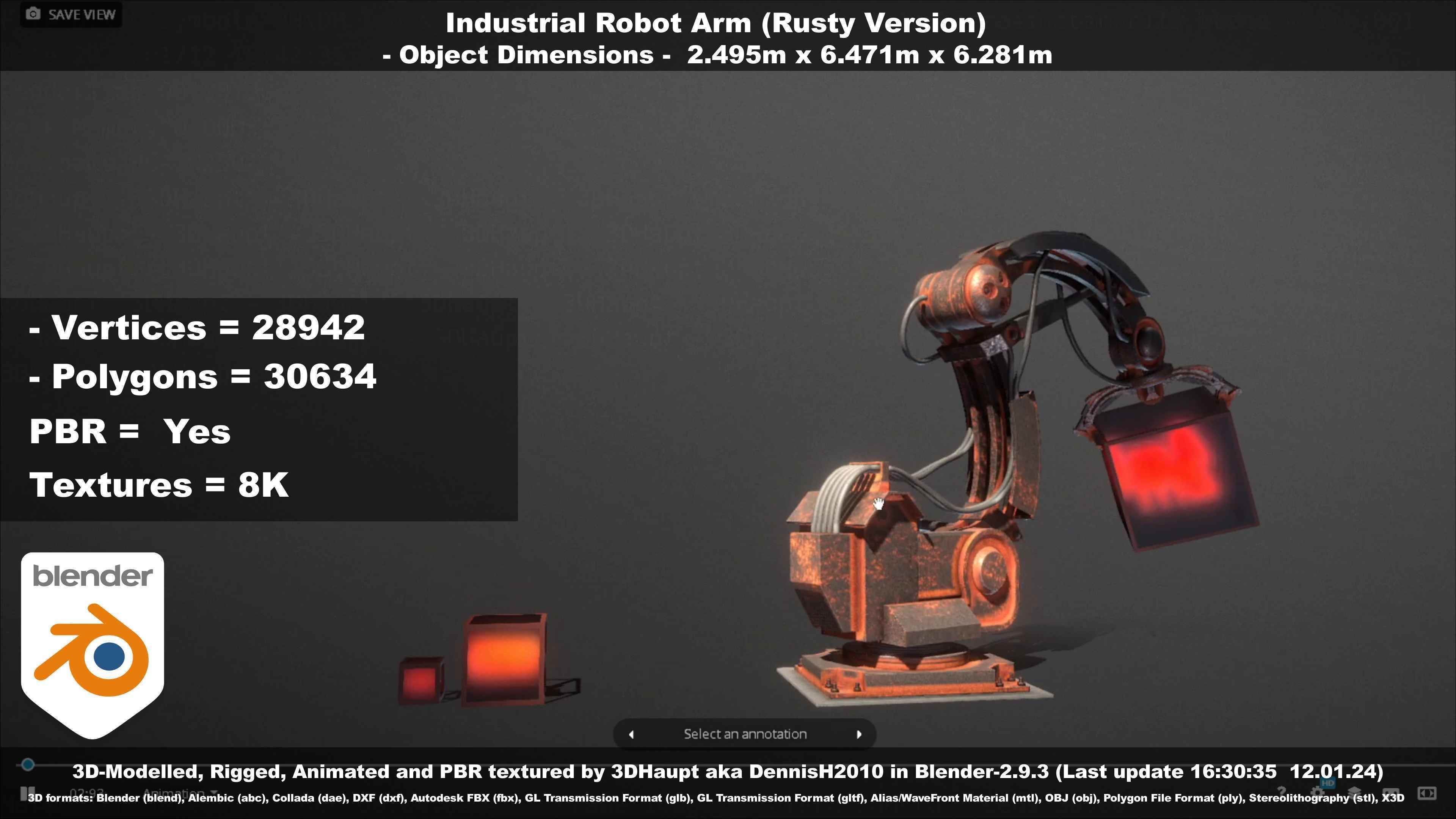 Rigged Industrial Robot Arm Rusty Version Low-poly 3D model_33