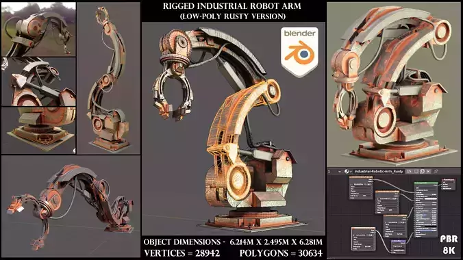 Rigged Industrial Robot Arm Rusty Version Low-poly 3D model