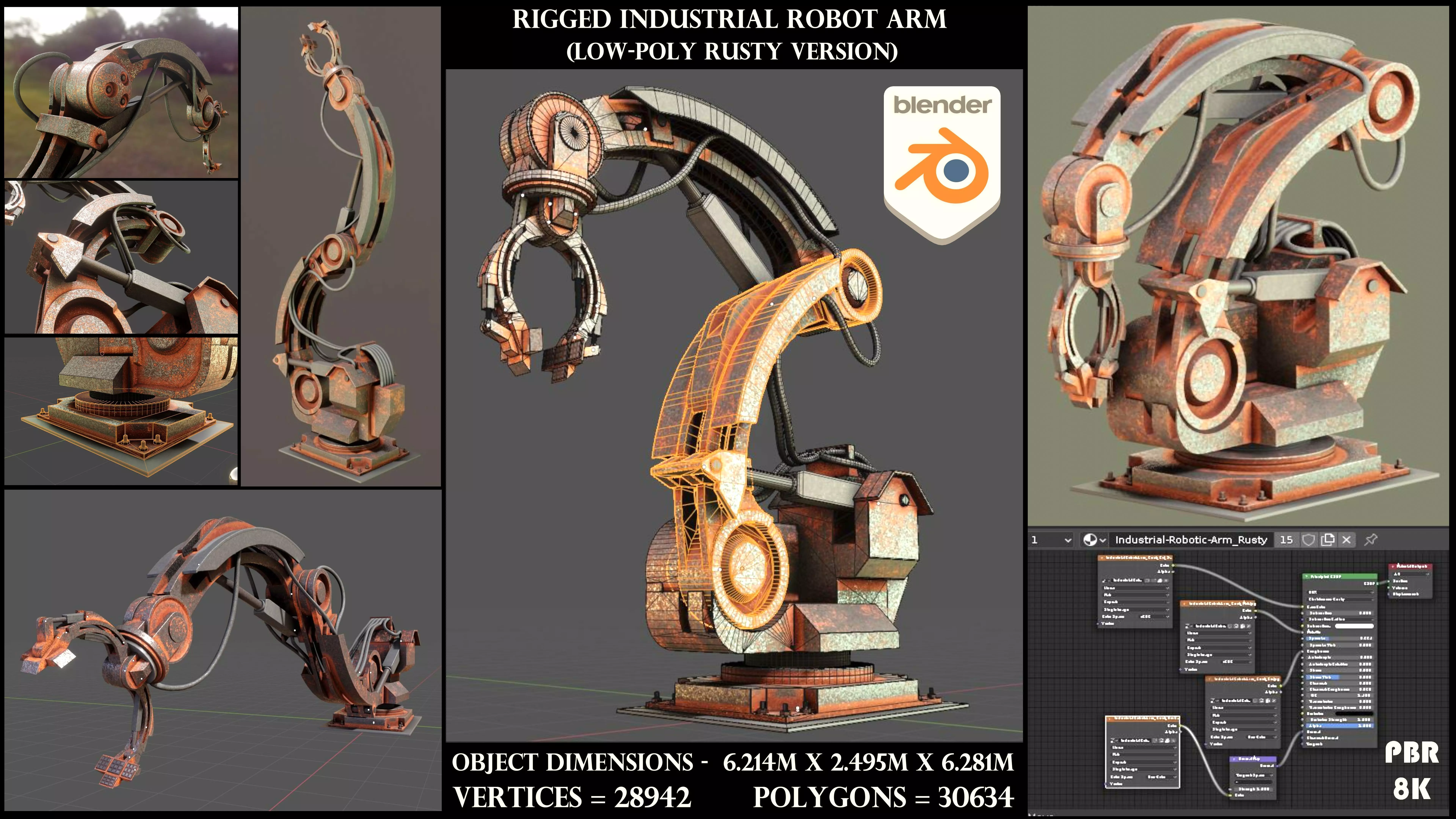 Rigged Industrial Robot Arm Rusty Version Low-poly 3D model_0