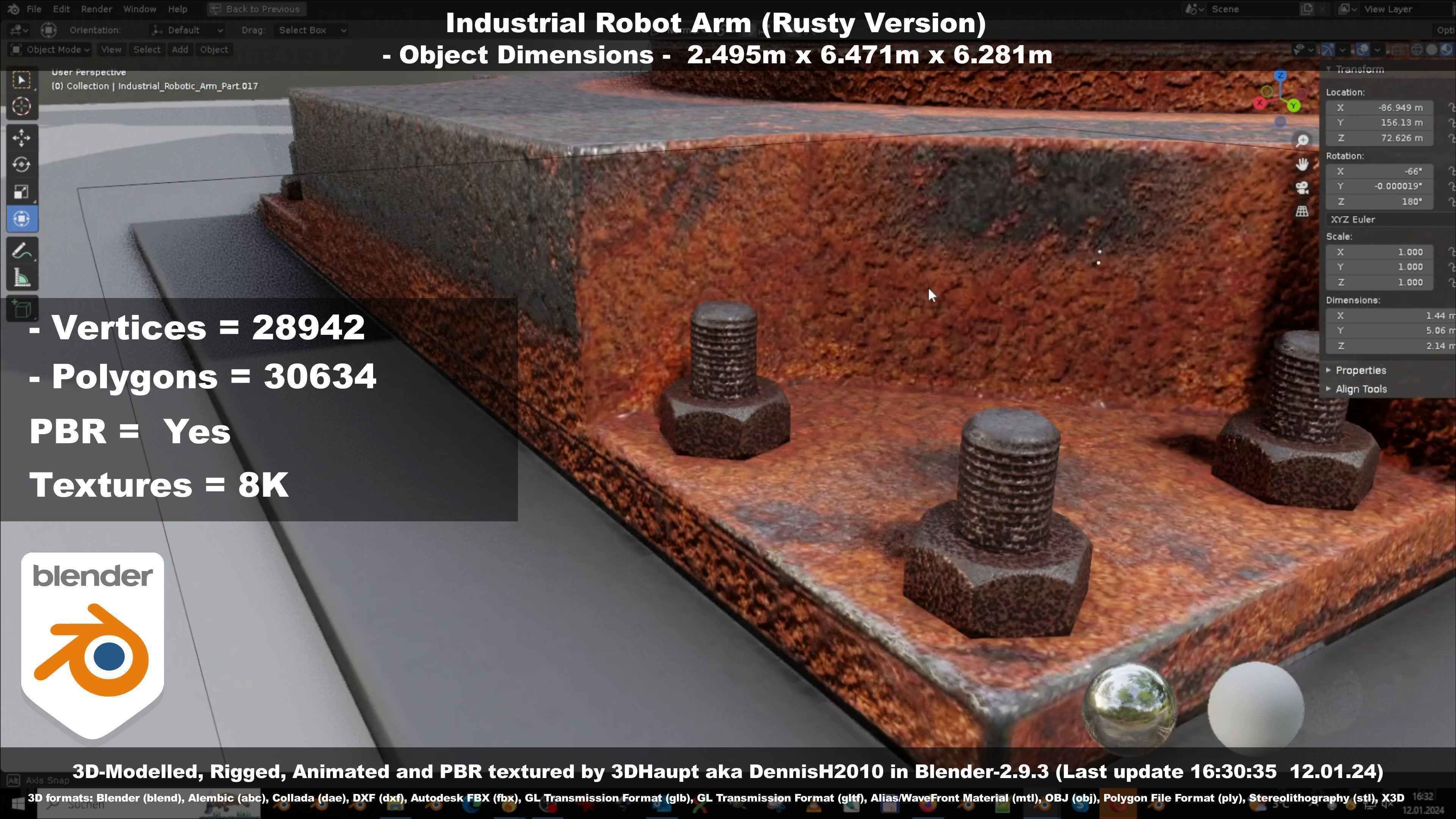 Rigged Industrial Robot Arm Rusty Version Low-poly 3D model_60