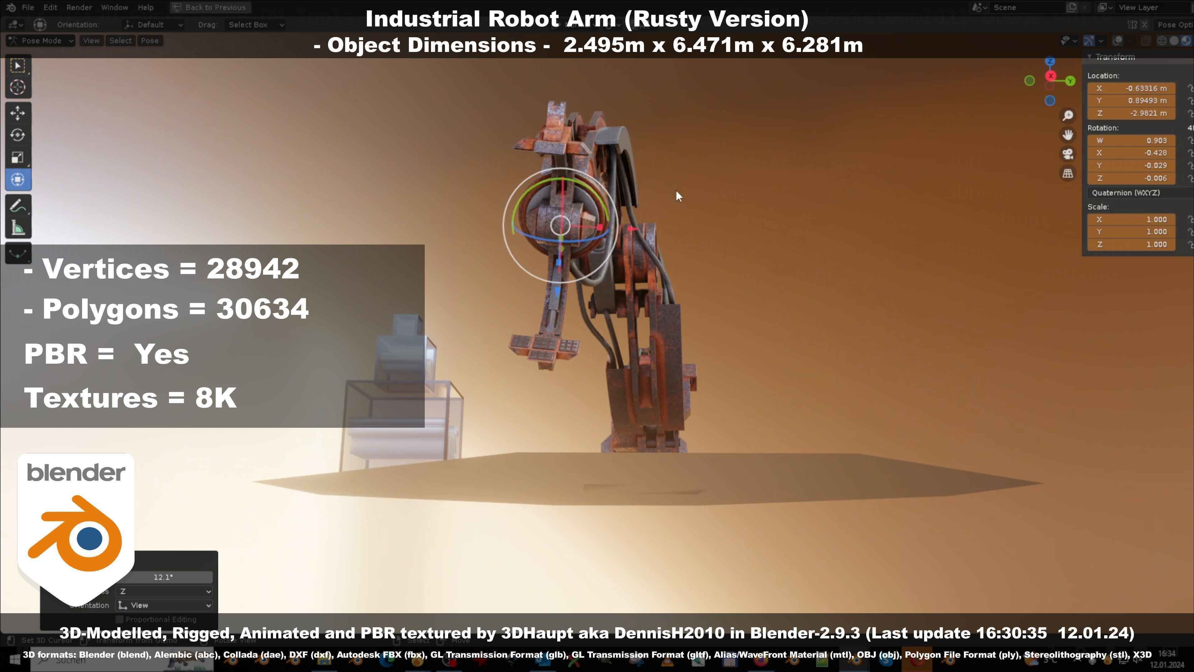 Rigged Industrial Robot Arm Rusty Version Low-poly 3D model_87