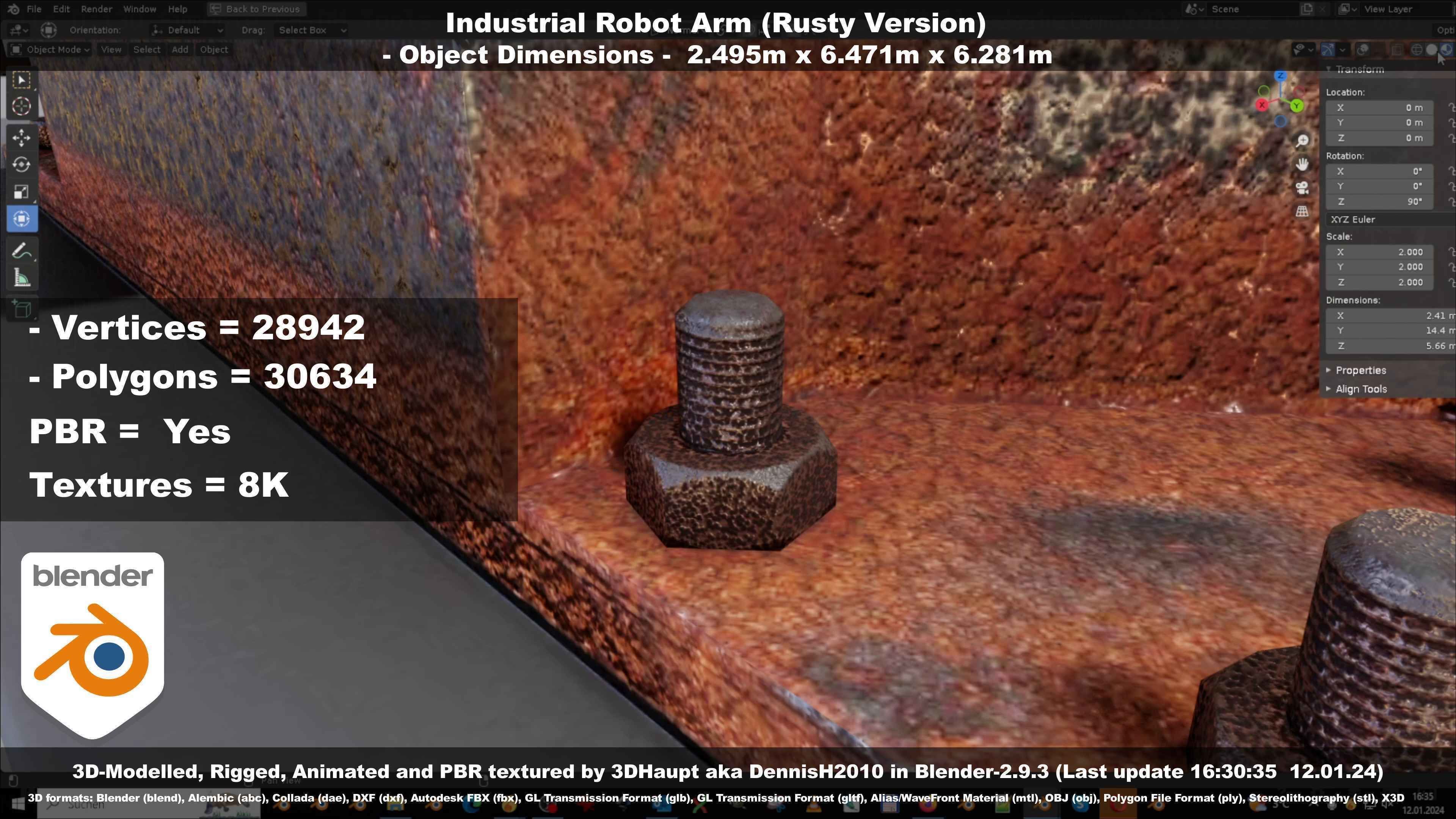 Rigged Industrial Robot Arm Rusty Version Low-poly 3D model_113