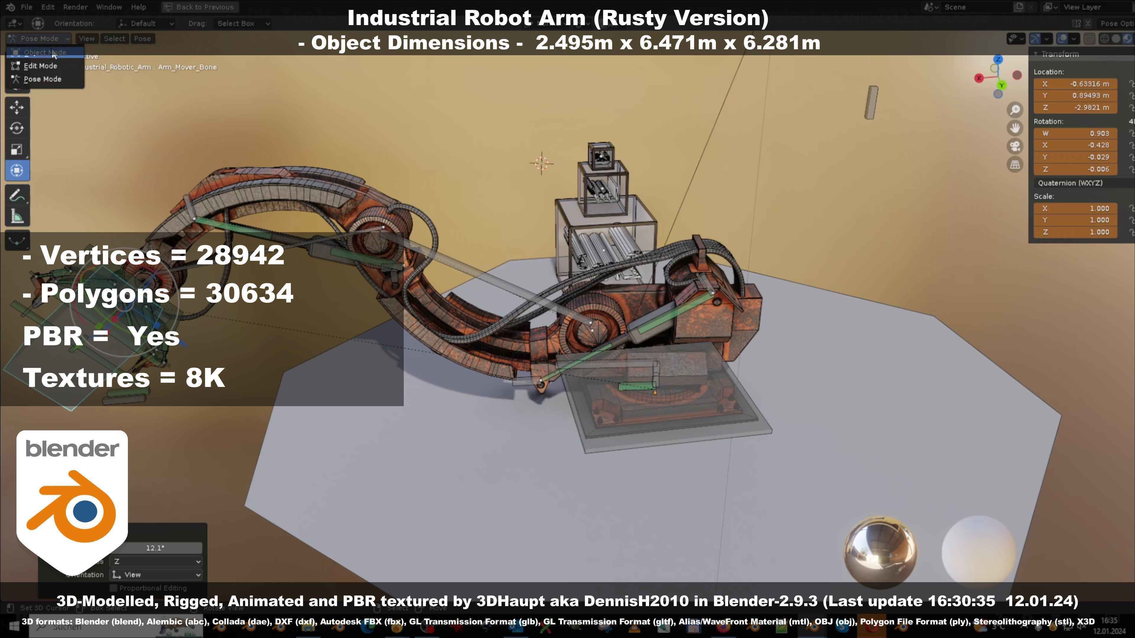 Rigged Industrial Robot Arm Rusty Version Low-poly 3D model_104