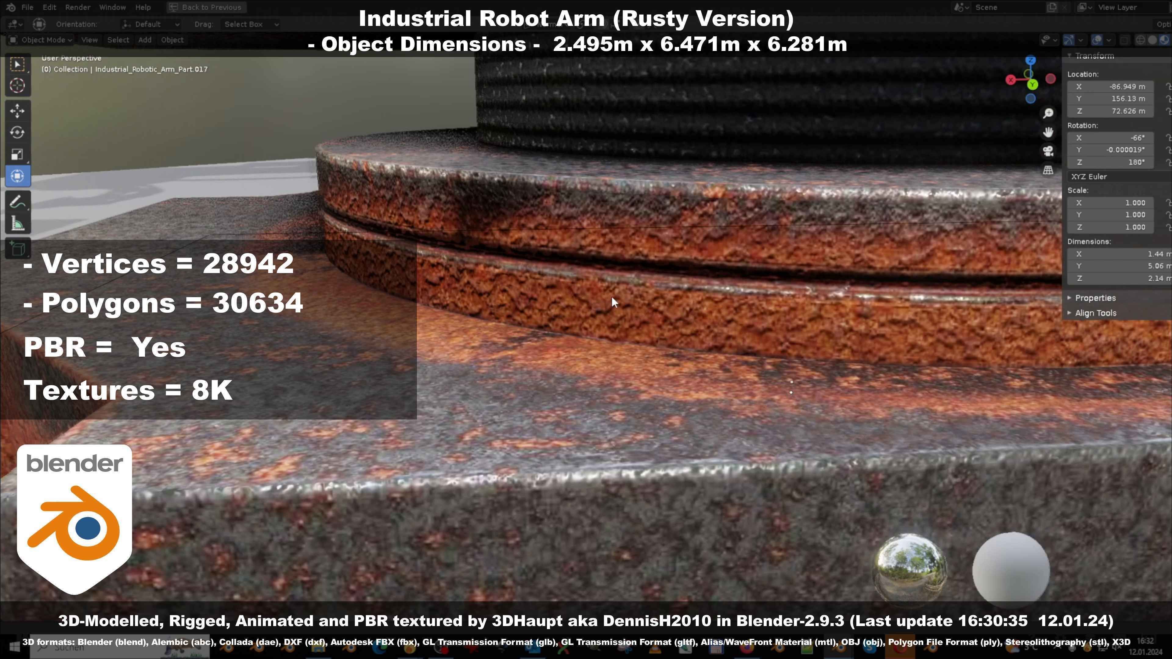 Rigged Industrial Robot Arm Rusty Version Low-poly 3D model_59