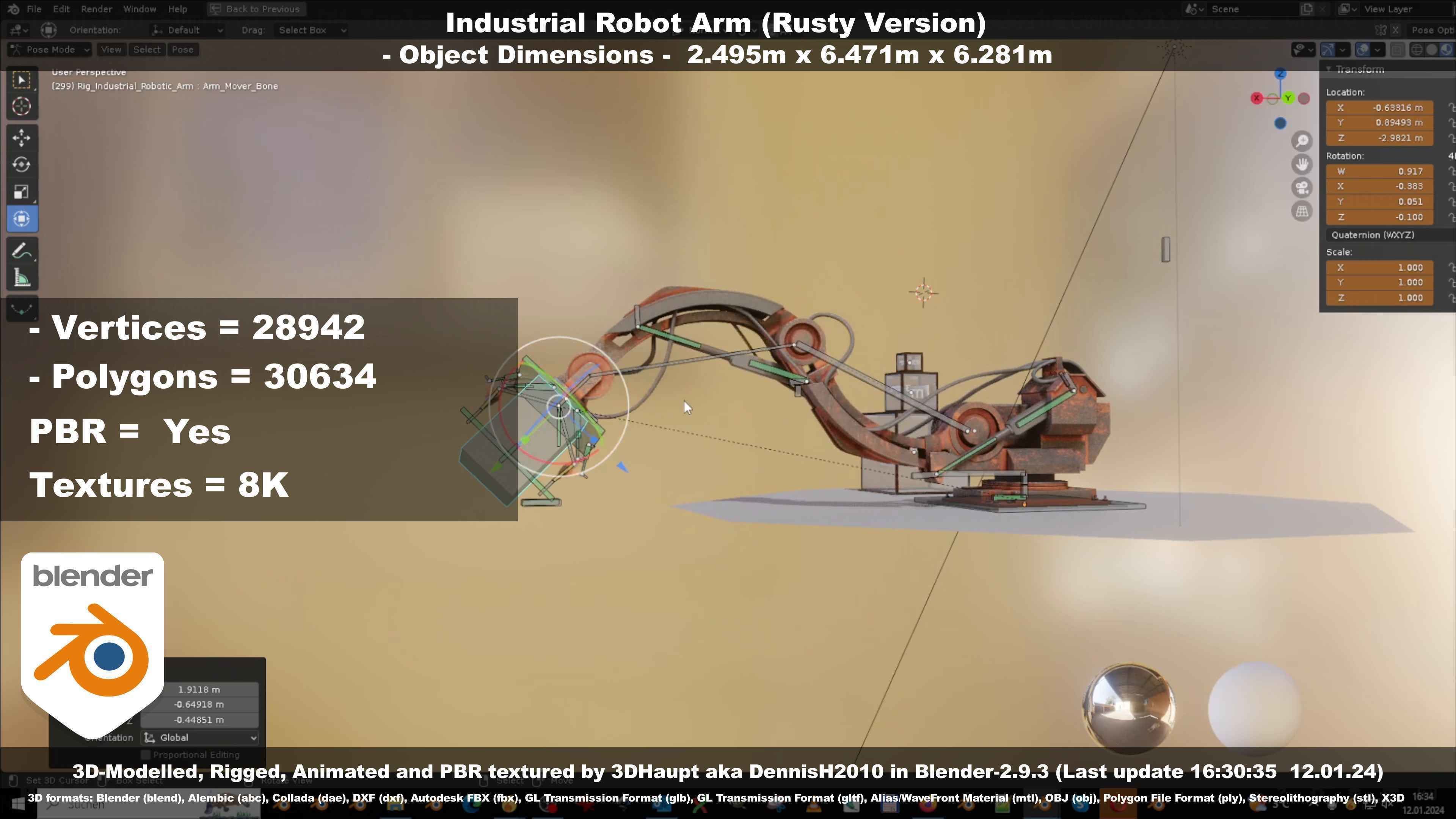 Rigged Industrial Robot Arm Rusty Version Low-poly 3D model_85