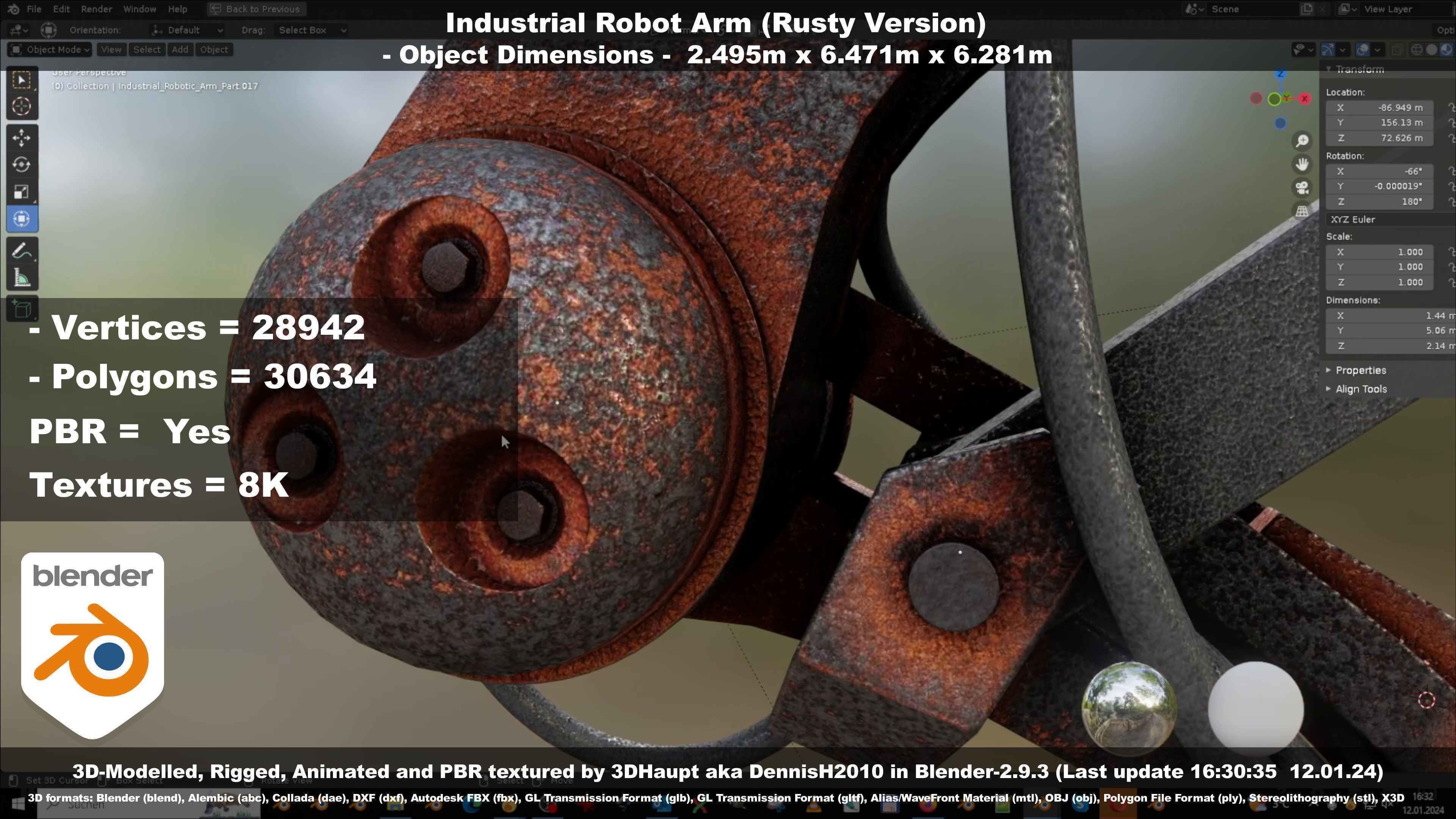 Rigged Industrial Robot Arm Rusty Version Low-poly 3D model_62