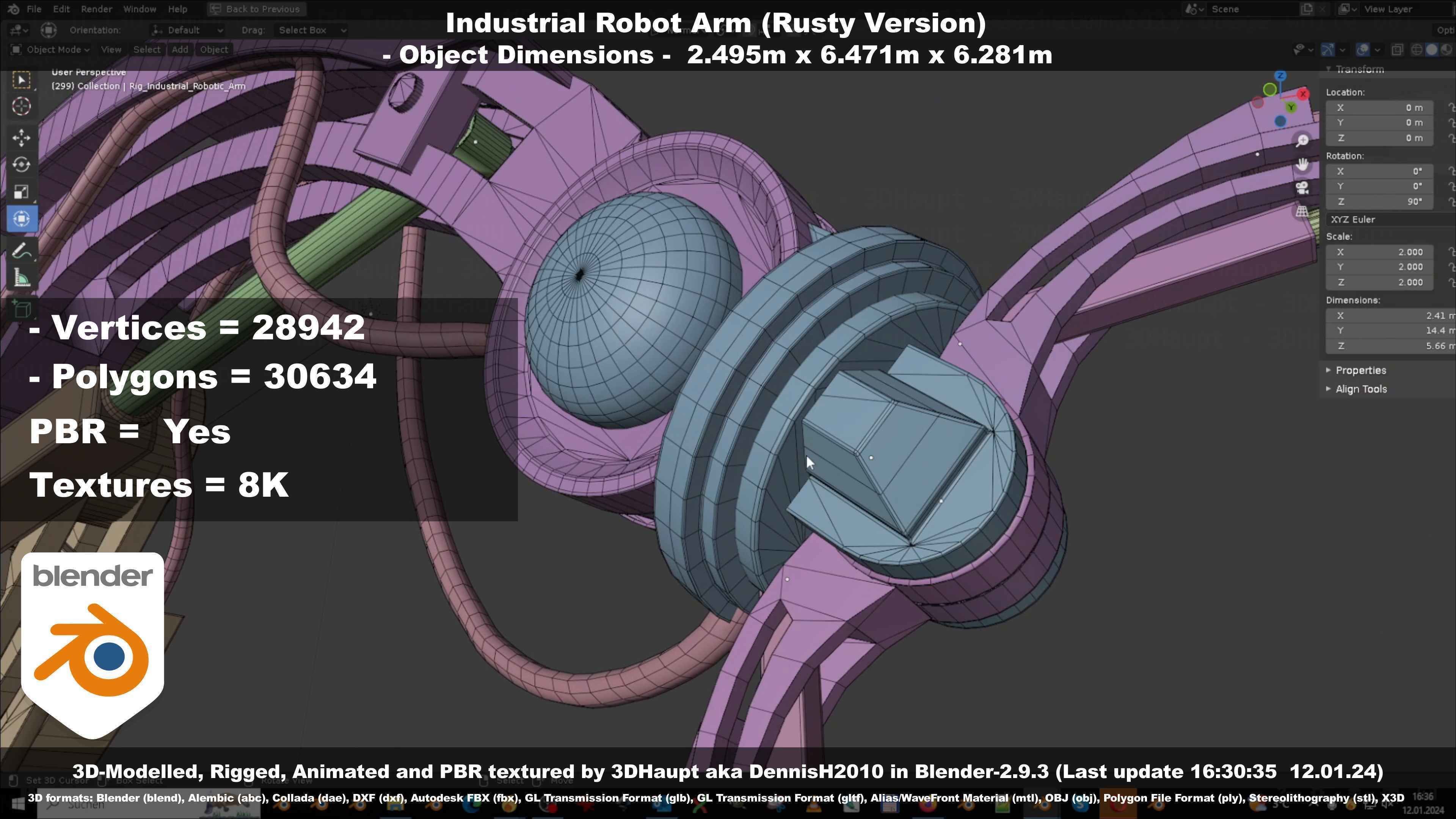 Rigged Industrial Robot Arm Rusty Version Low-poly 3D model_119