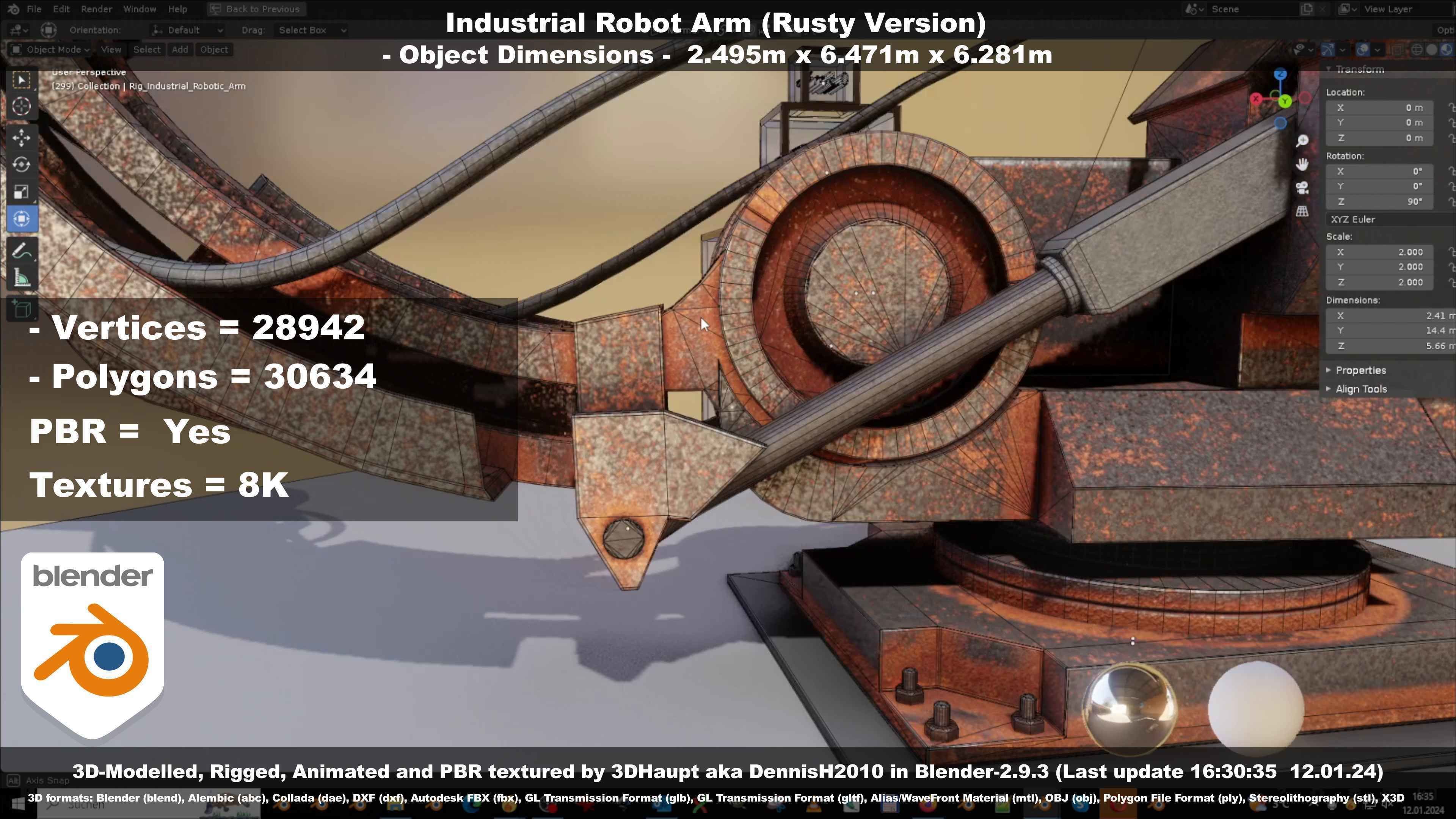 Rigged Industrial Robot Arm Rusty Version Low-poly 3D model_105