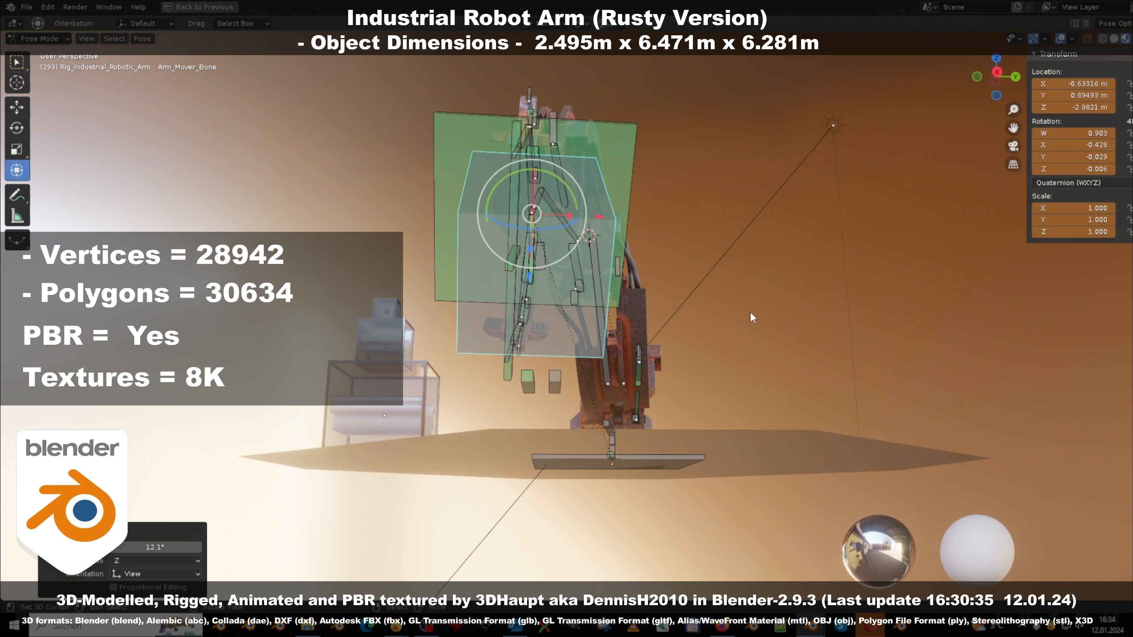 Rigged Industrial Robot Arm Rusty Version Low-poly 3D model_86