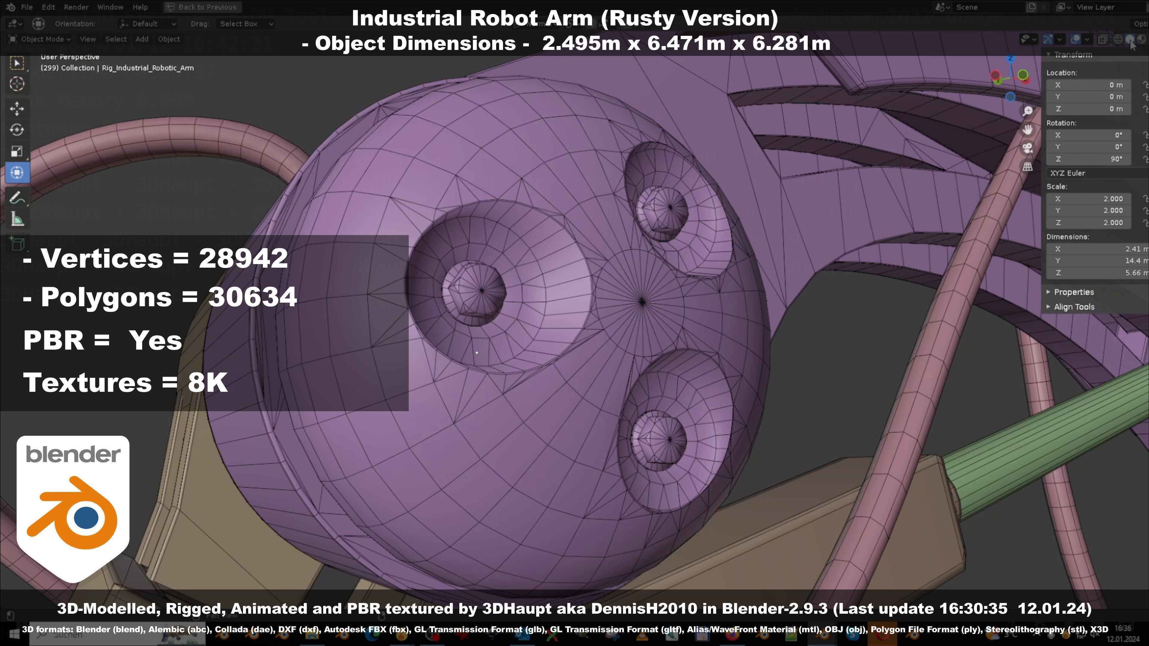 Rigged Industrial Robot Arm Rusty Version Low-poly 3D model_118