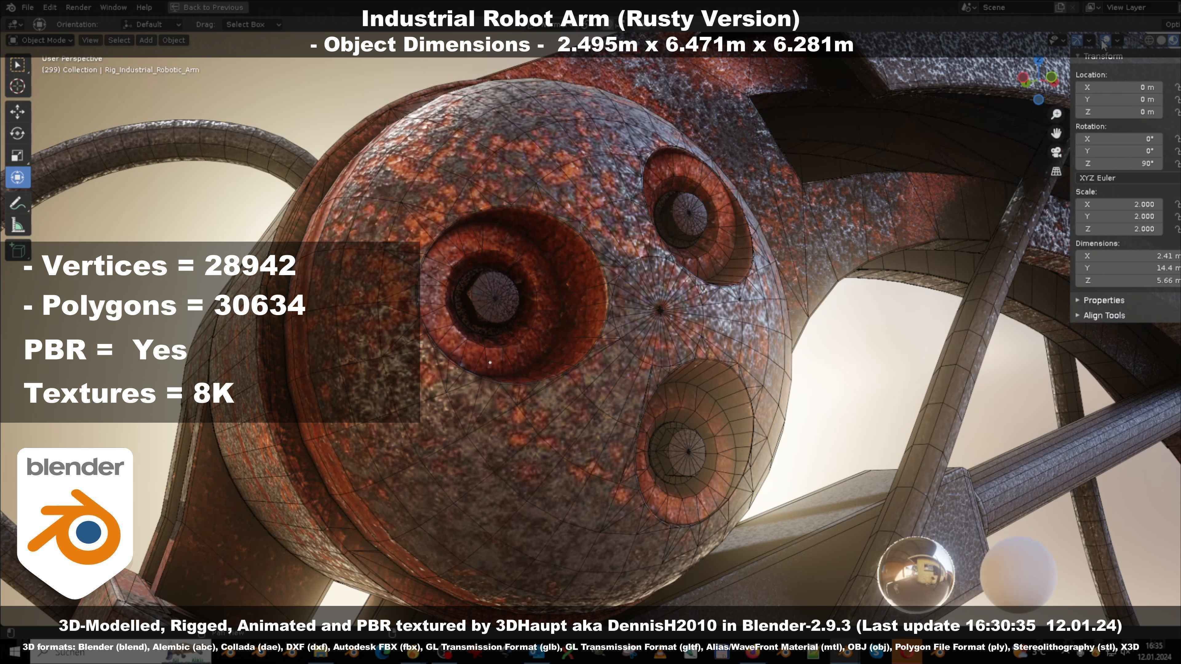 Rigged Industrial Robot Arm Rusty Version Low-poly 3D model_117