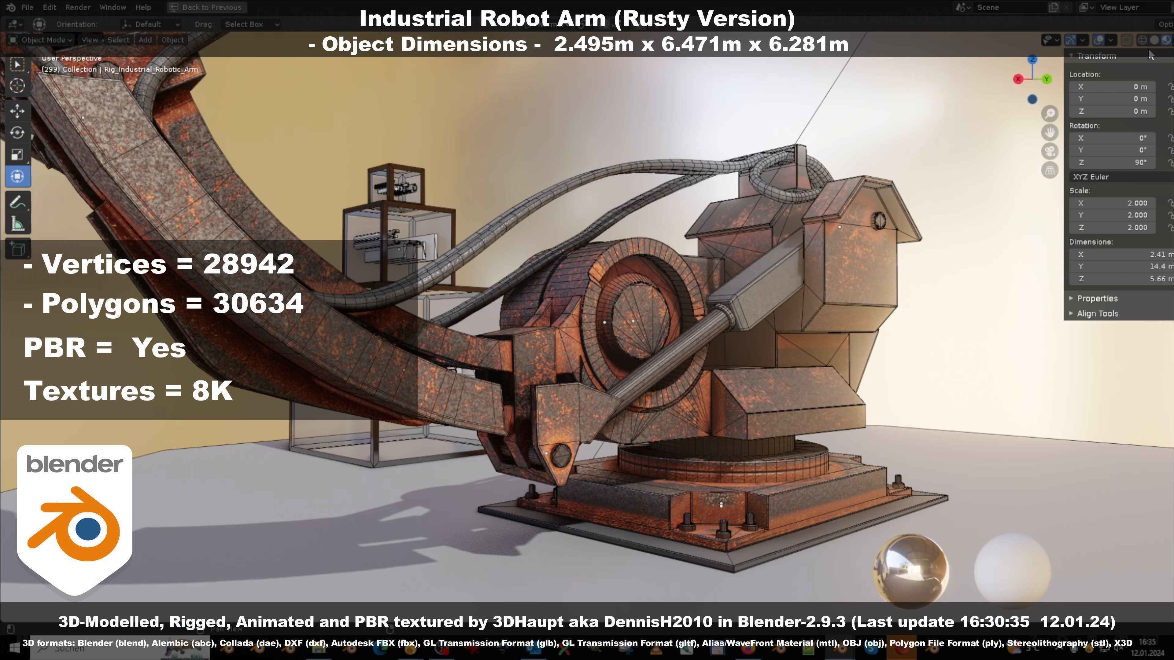 Rigged Industrial Robot Arm Rusty Version Low-poly 3D model_107