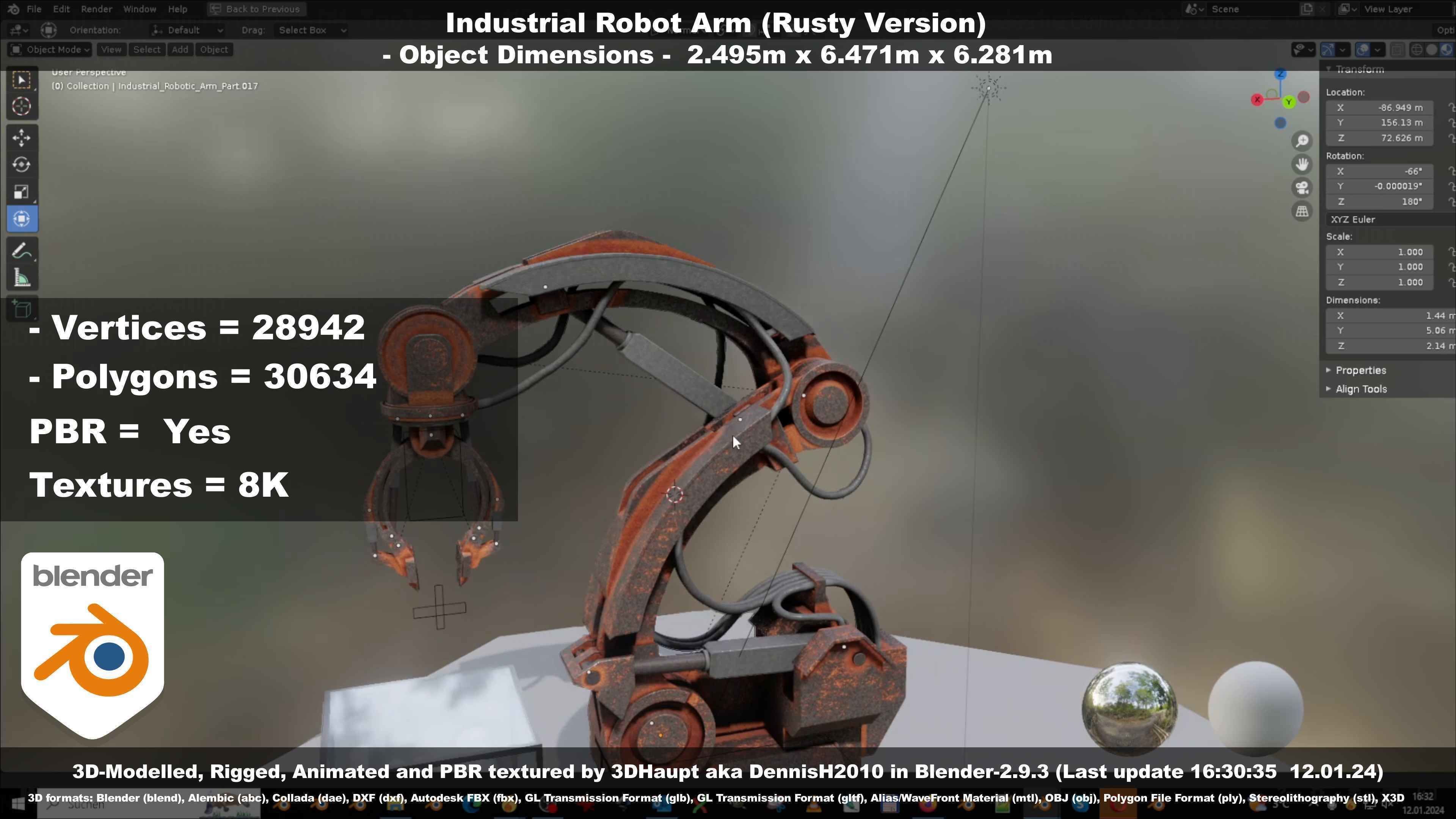 Rigged Industrial Robot Arm Rusty Version Low-poly 3D model_63