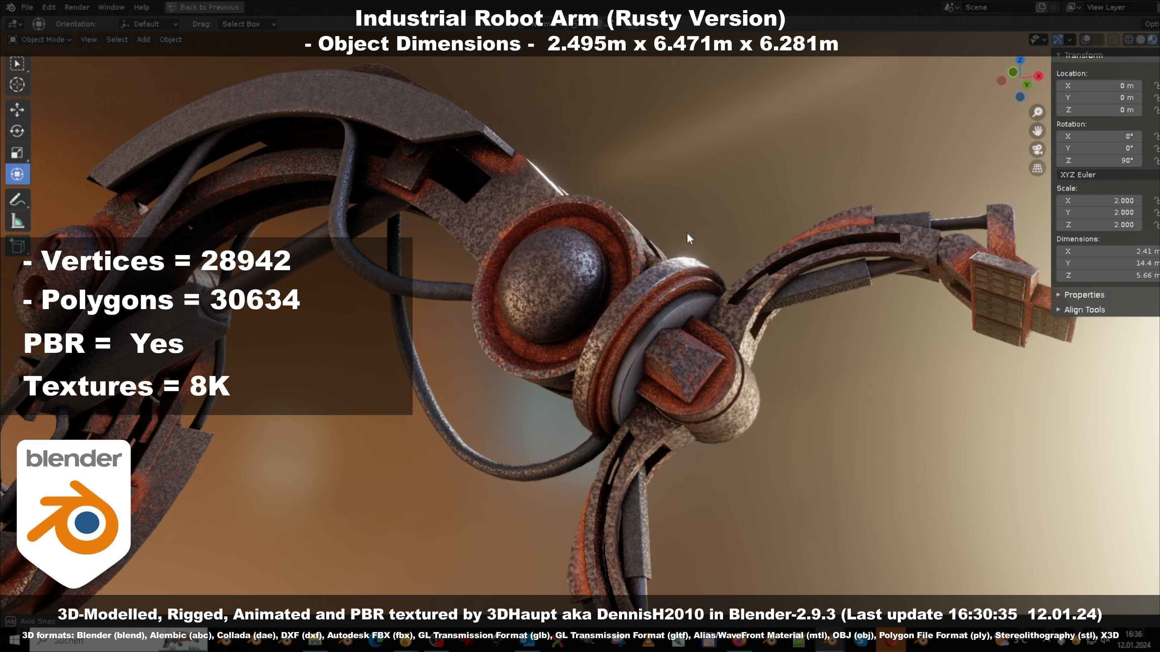 Rigged Industrial Robot Arm Rusty Version Low-poly 3D model_23